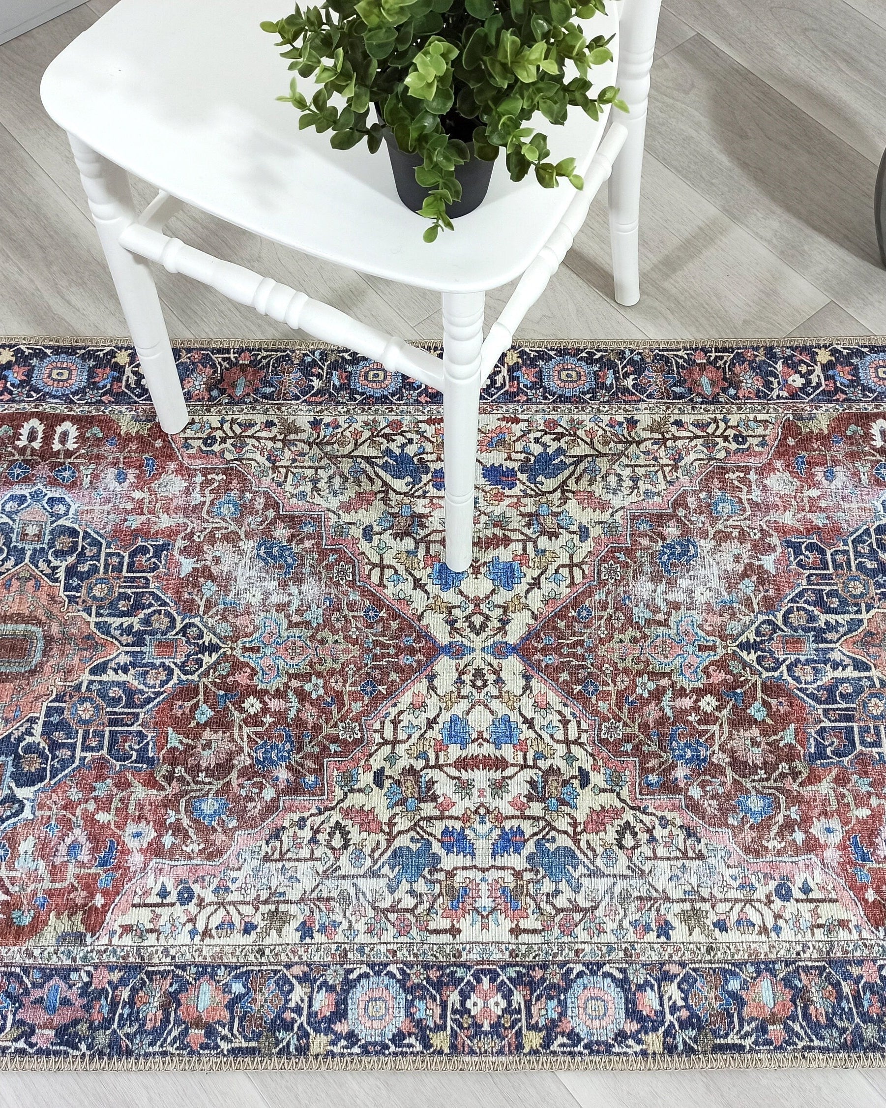 Mero Rug Persian Medallion Distressed Navy Blue Brown Rug