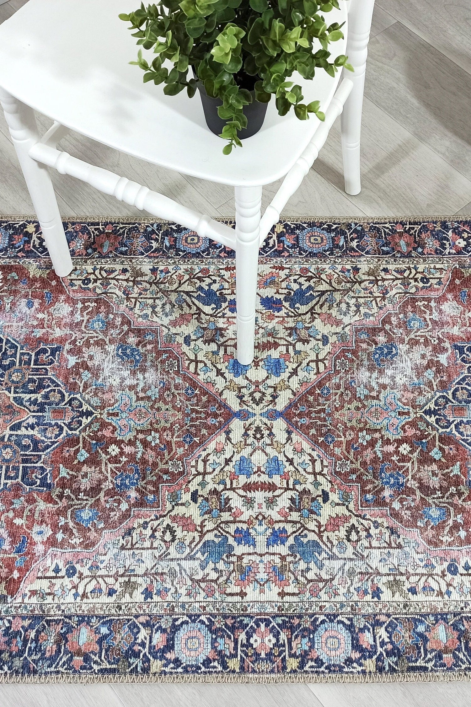 Mero Rug Persian Medallion Distressed Navy Blue Brown Rug