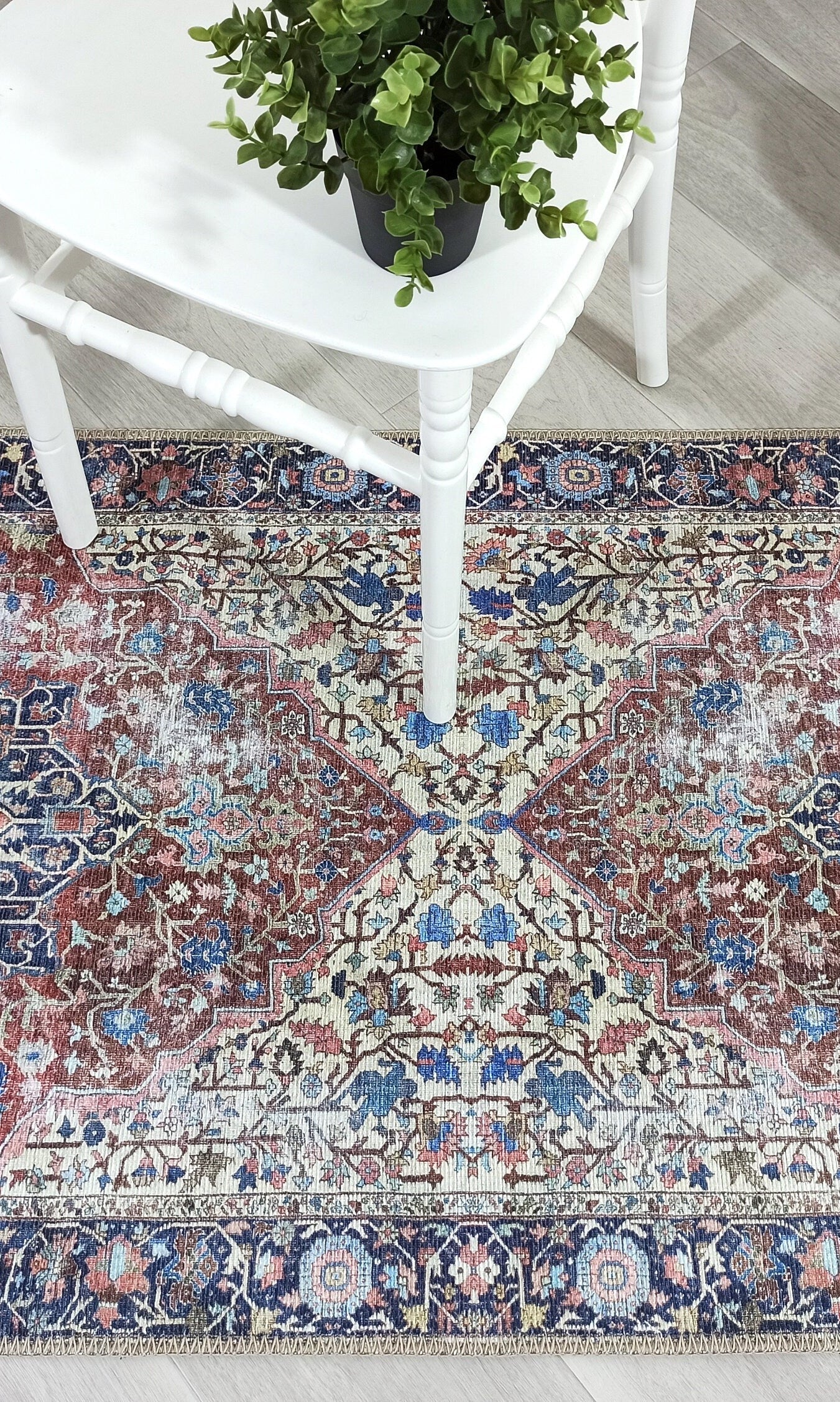 Mero Rug Persian Medallion Distressed Navy Blue Brown Rug