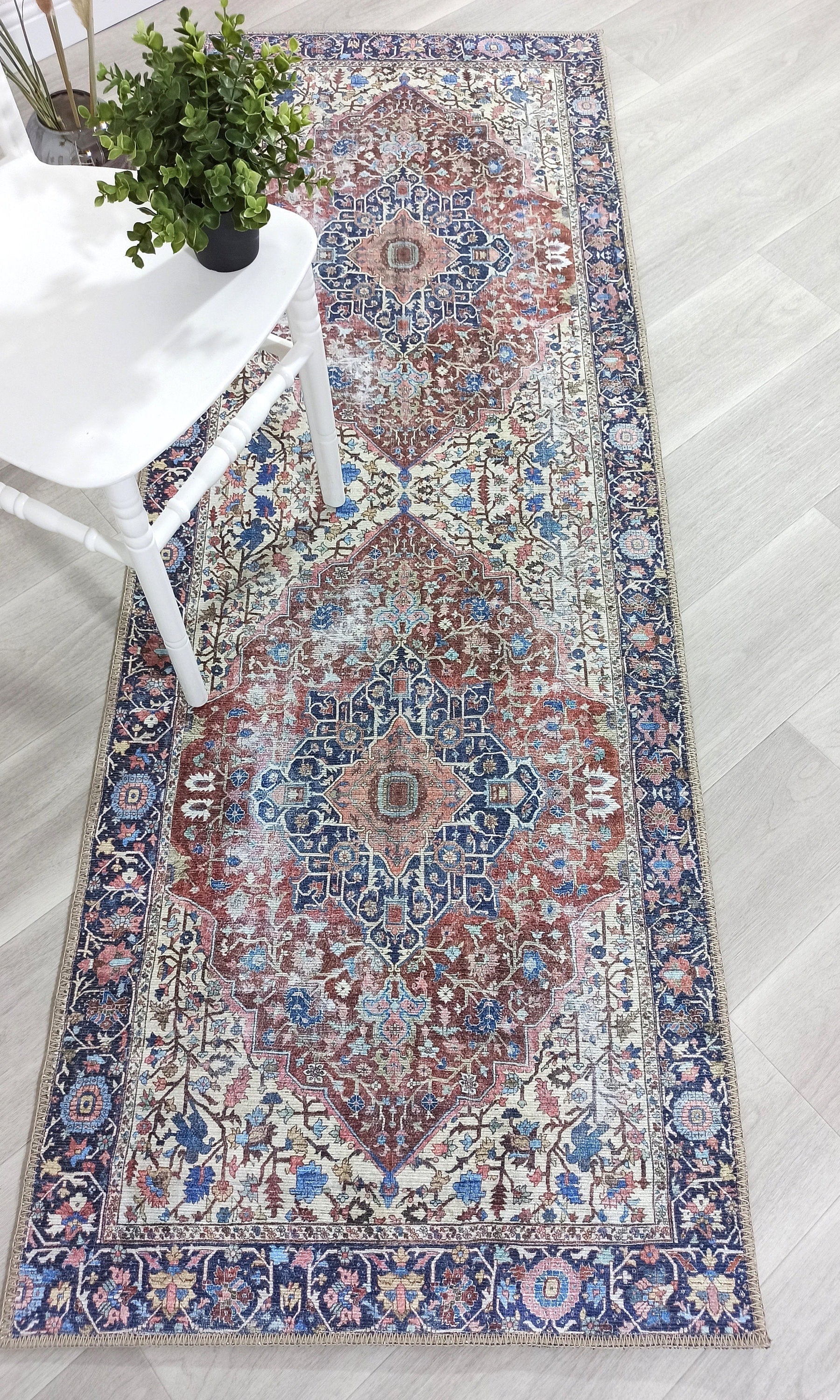 Mero Rug Persian Medallion Distressed Navy Blue Brown Rug