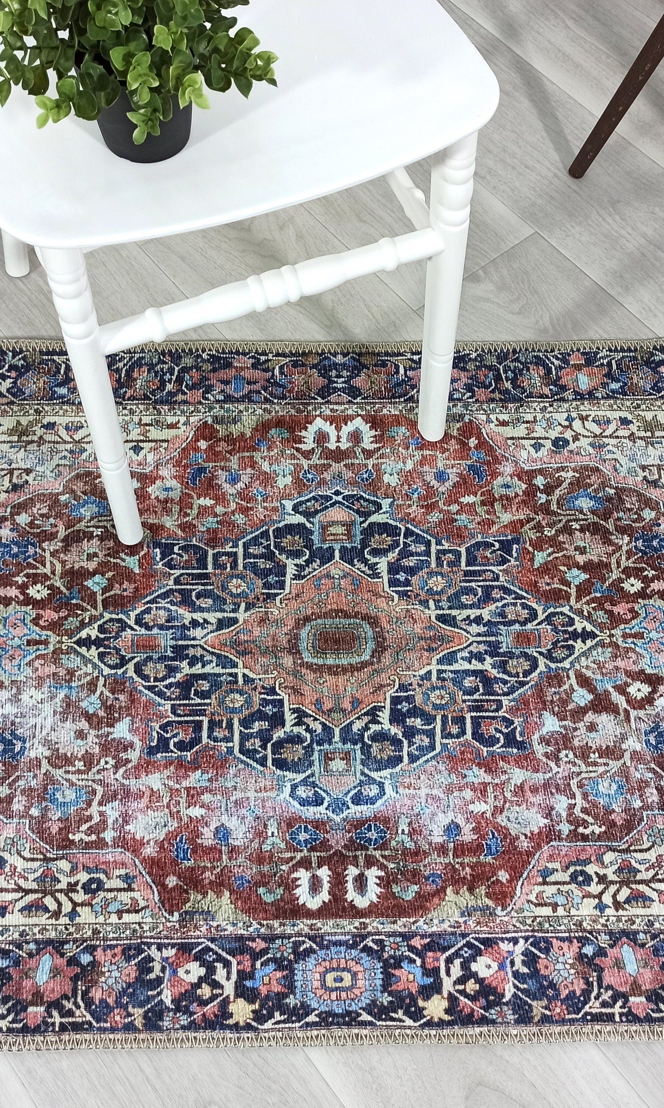 Mero Rug Persian Medallion Distressed Navy Blue Brown Rug