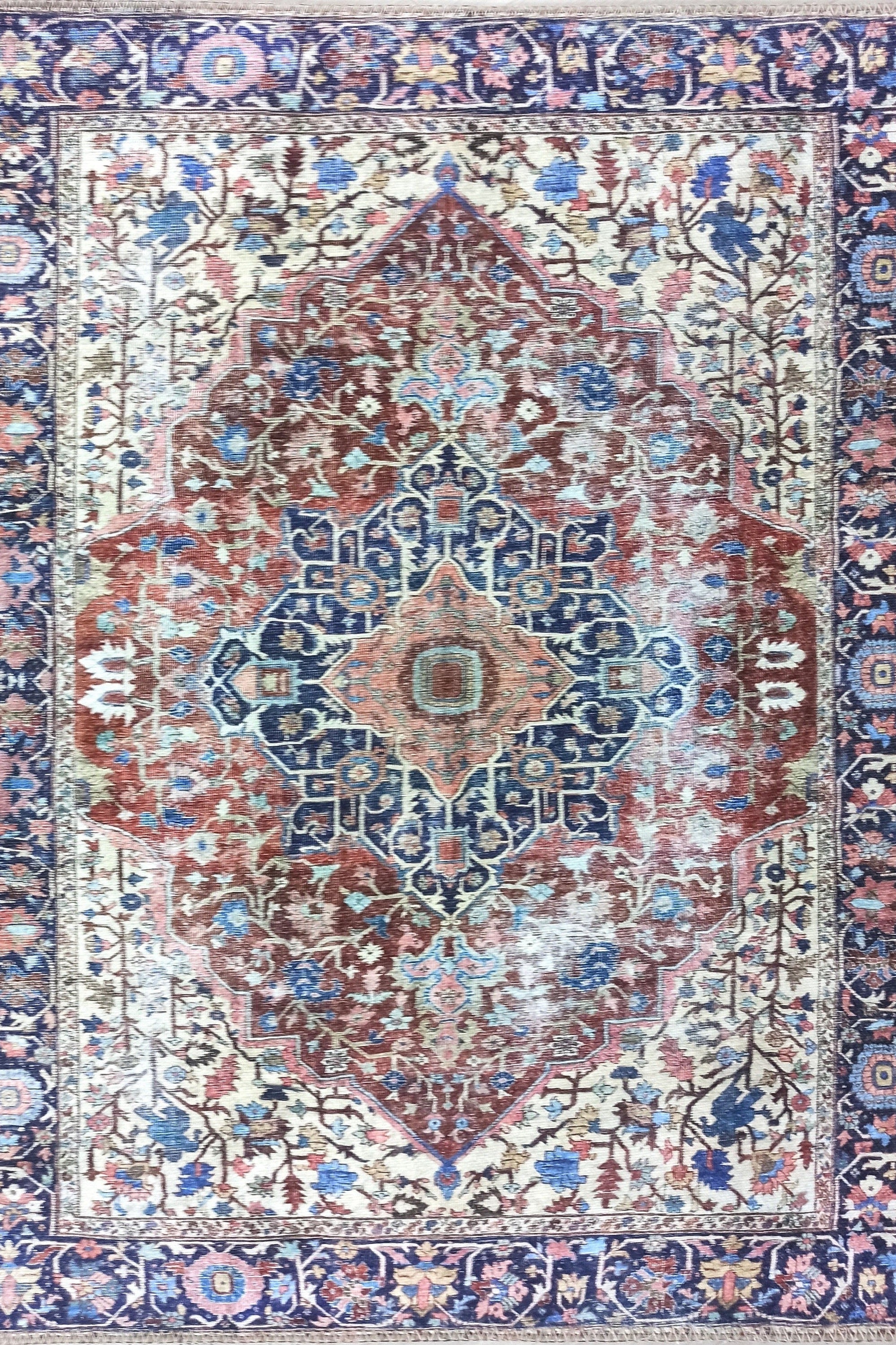 Mero Rug Persian Medallion Distressed Navy Blue Brown Rug