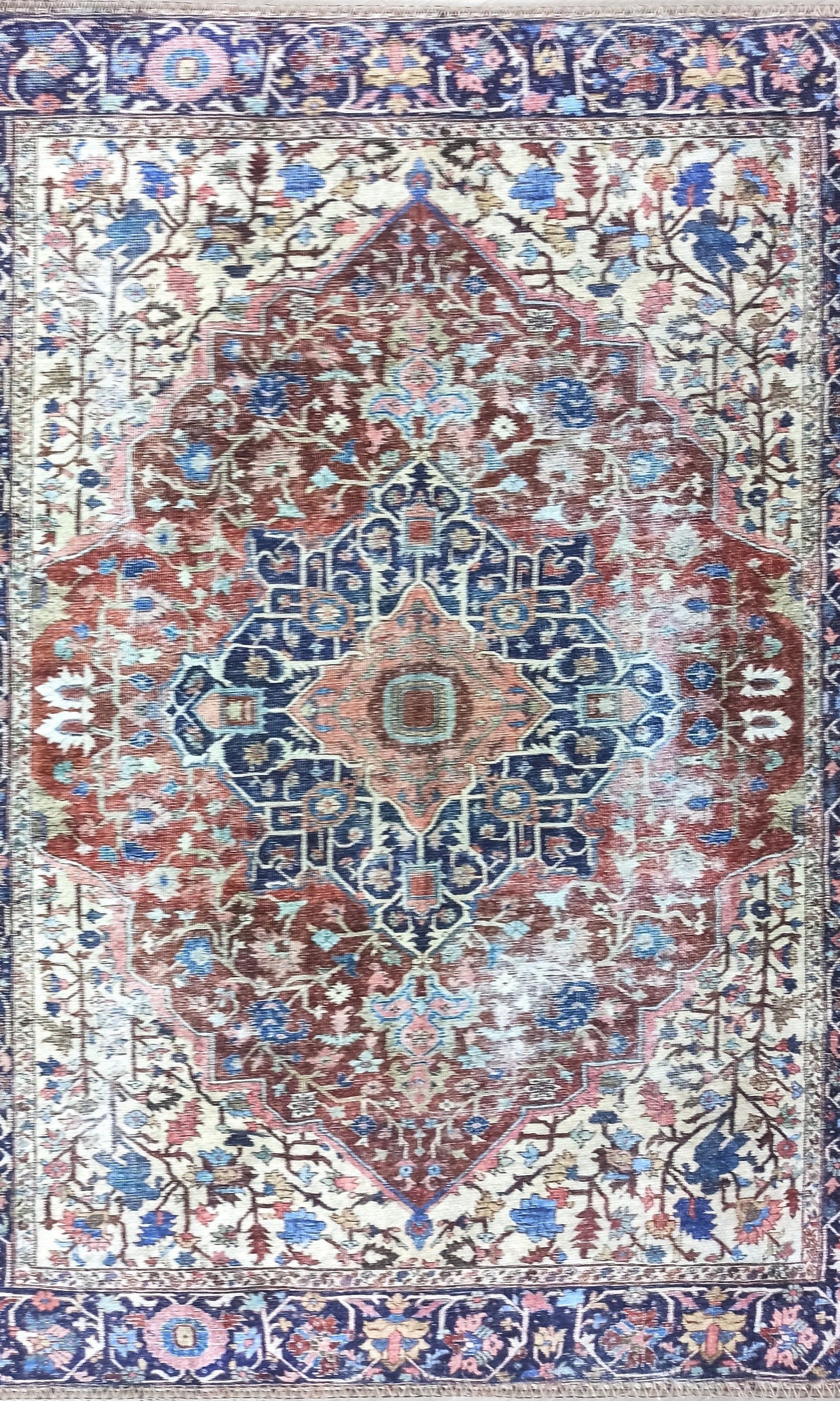 Mero Rug Persian Medallion Distressed Navy Blue Brown Rug