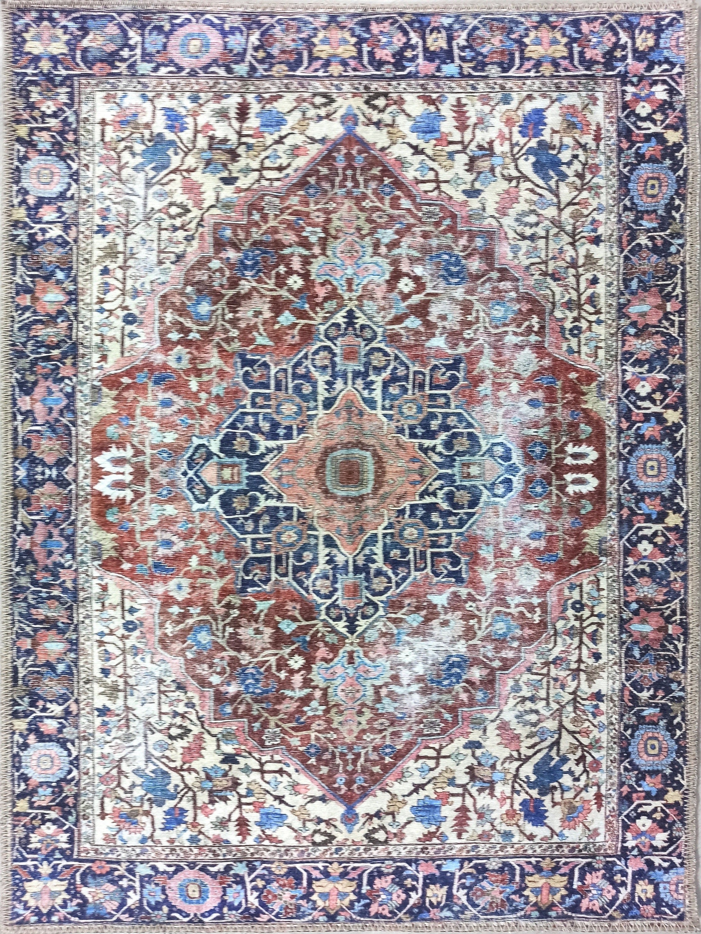 Mero Rug Persian Medallion Distressed Navy Blue Brown Rug
