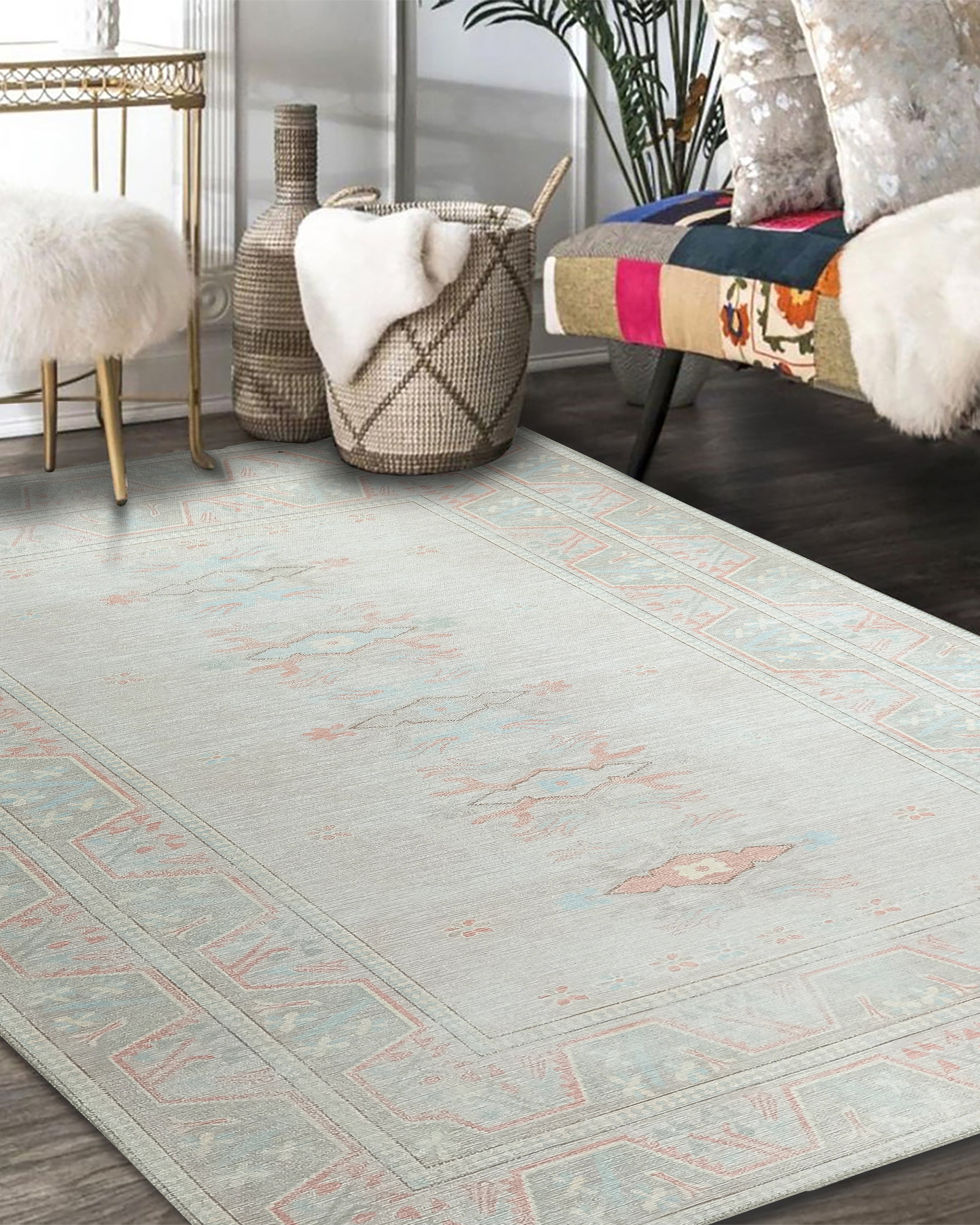 Milas Muted Baby Blue & Pale Blush Turkish Rug