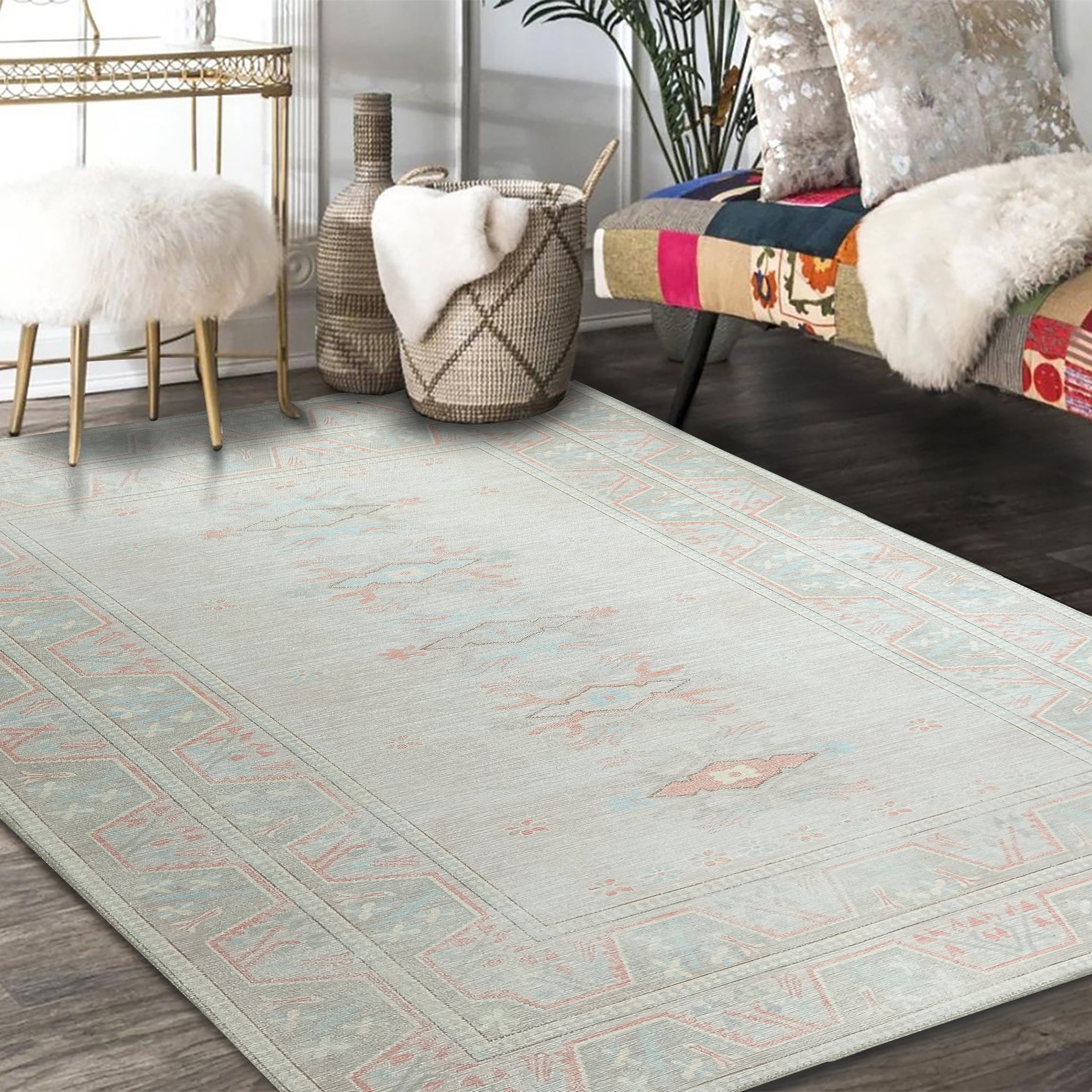 Milas Muted Baby Blue & Pale Blush Turkish Rug