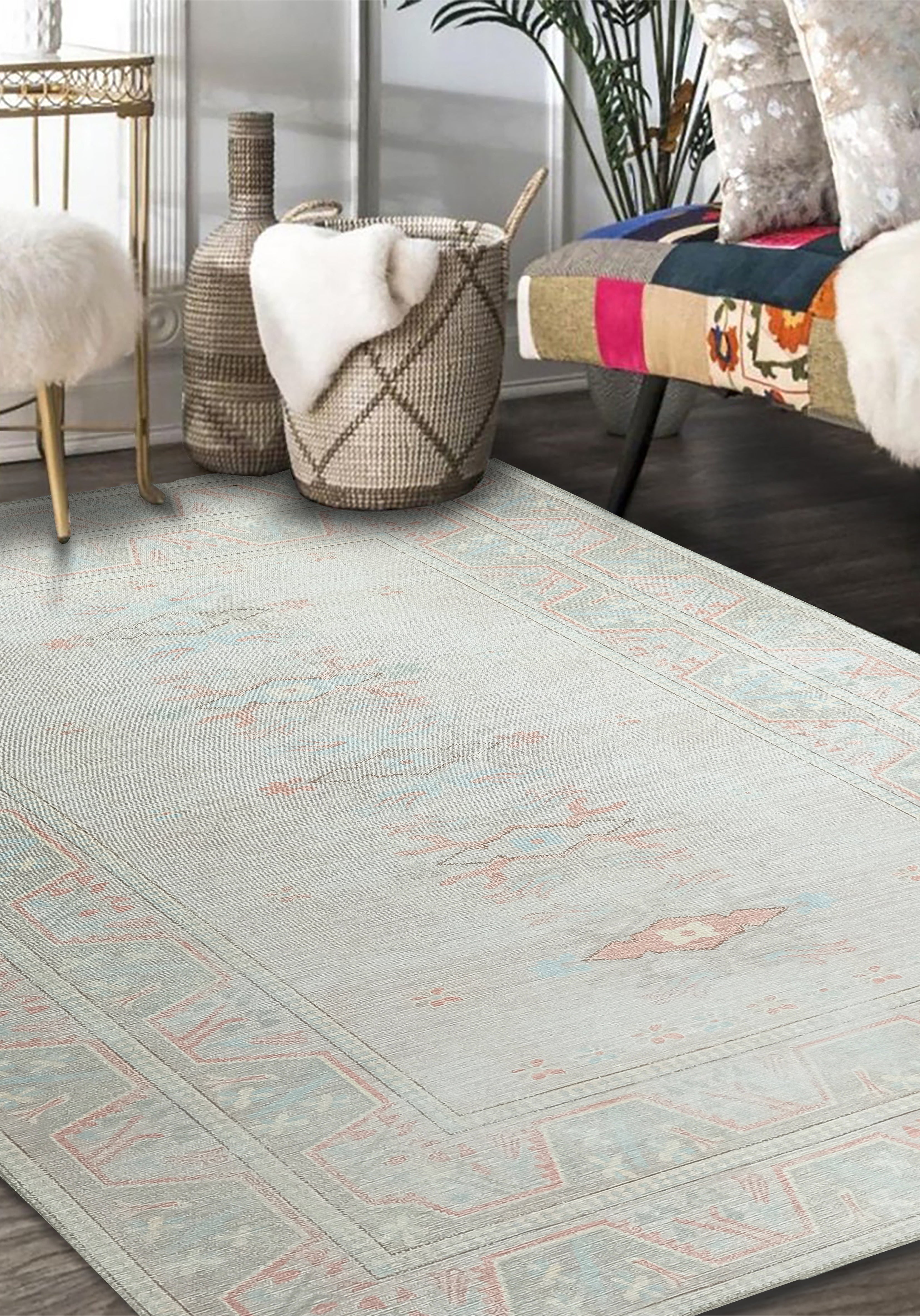 Milas Muted Baby Blue & Pale Blush Turkish Rug
