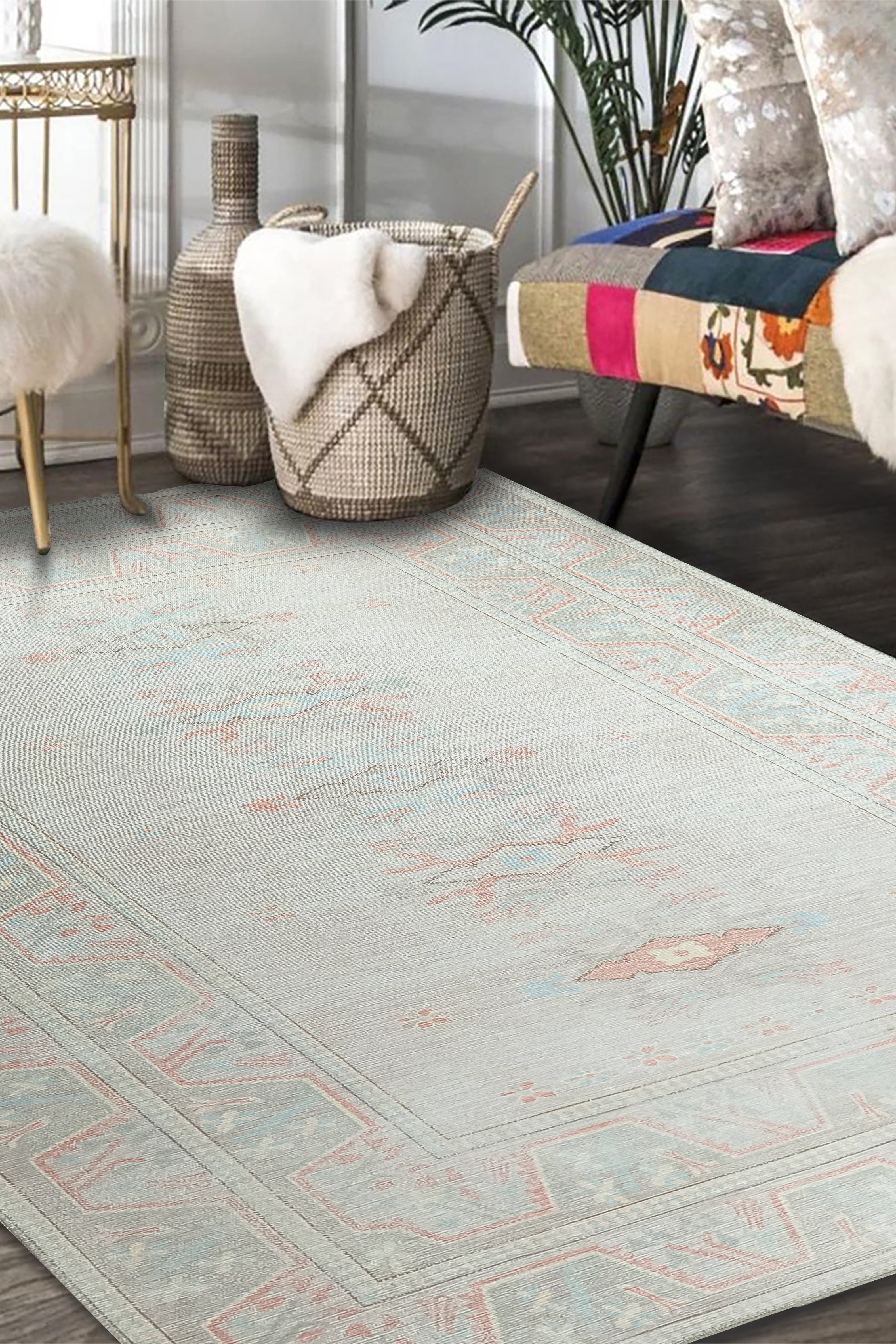 Milas Muted Baby Blue & Pale Blush Turkish Rug