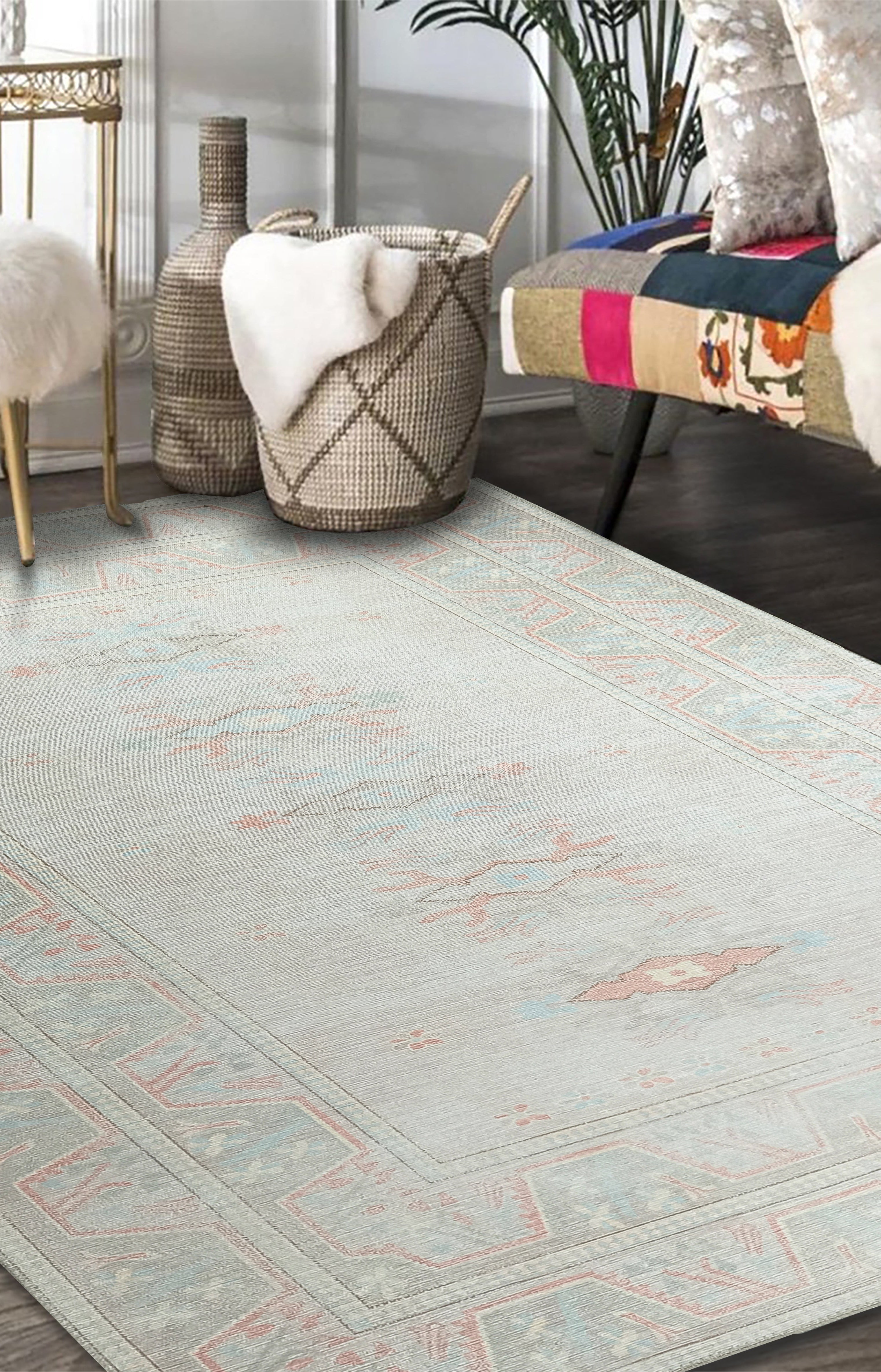 Milas Muted Baby Blue & Pale Blush Turkish Rug