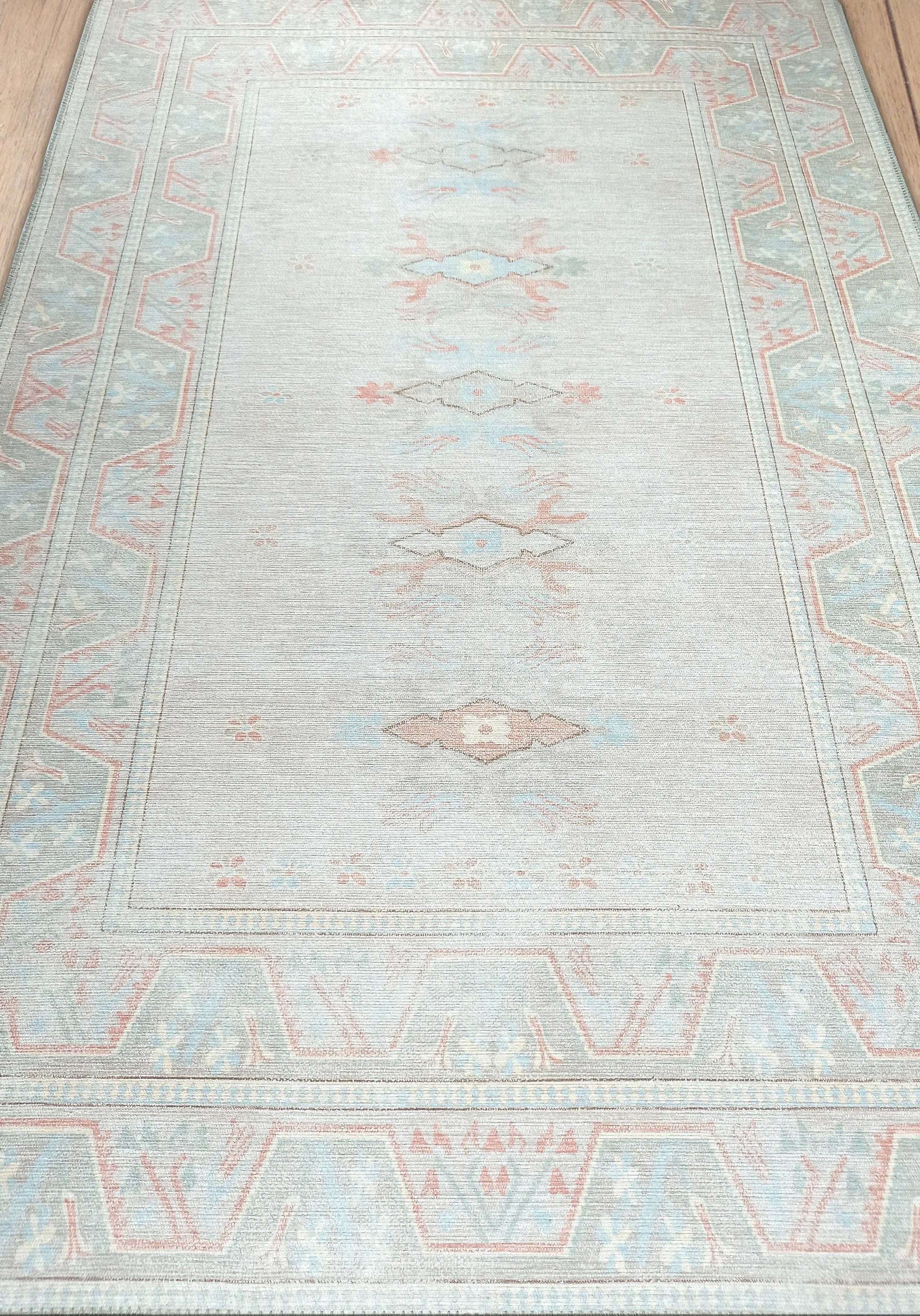 Milas Muted Baby Blue & Pale Blush Turkish Rug