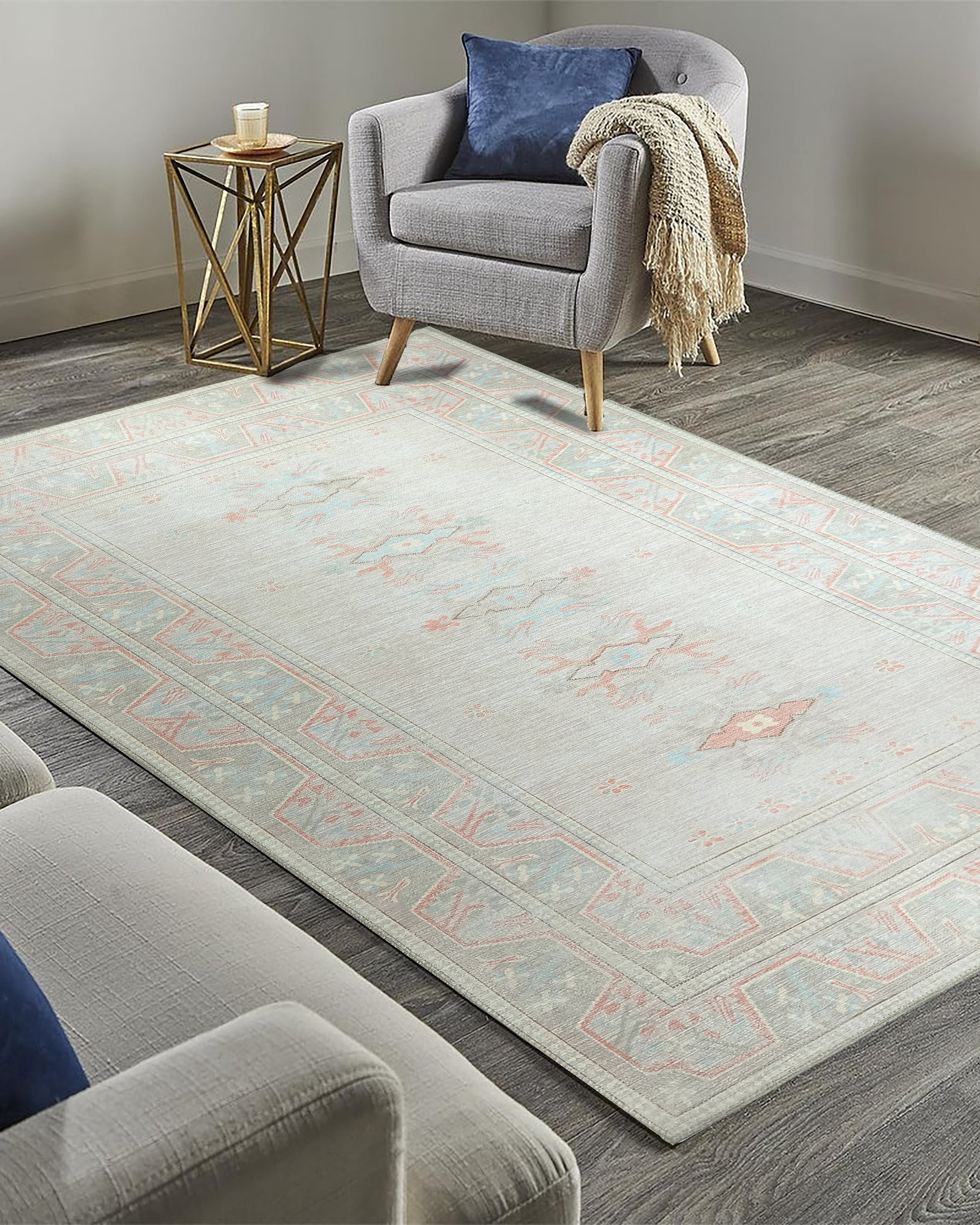 Milas Muted Baby Blue & Pale Blush Turkish Rug