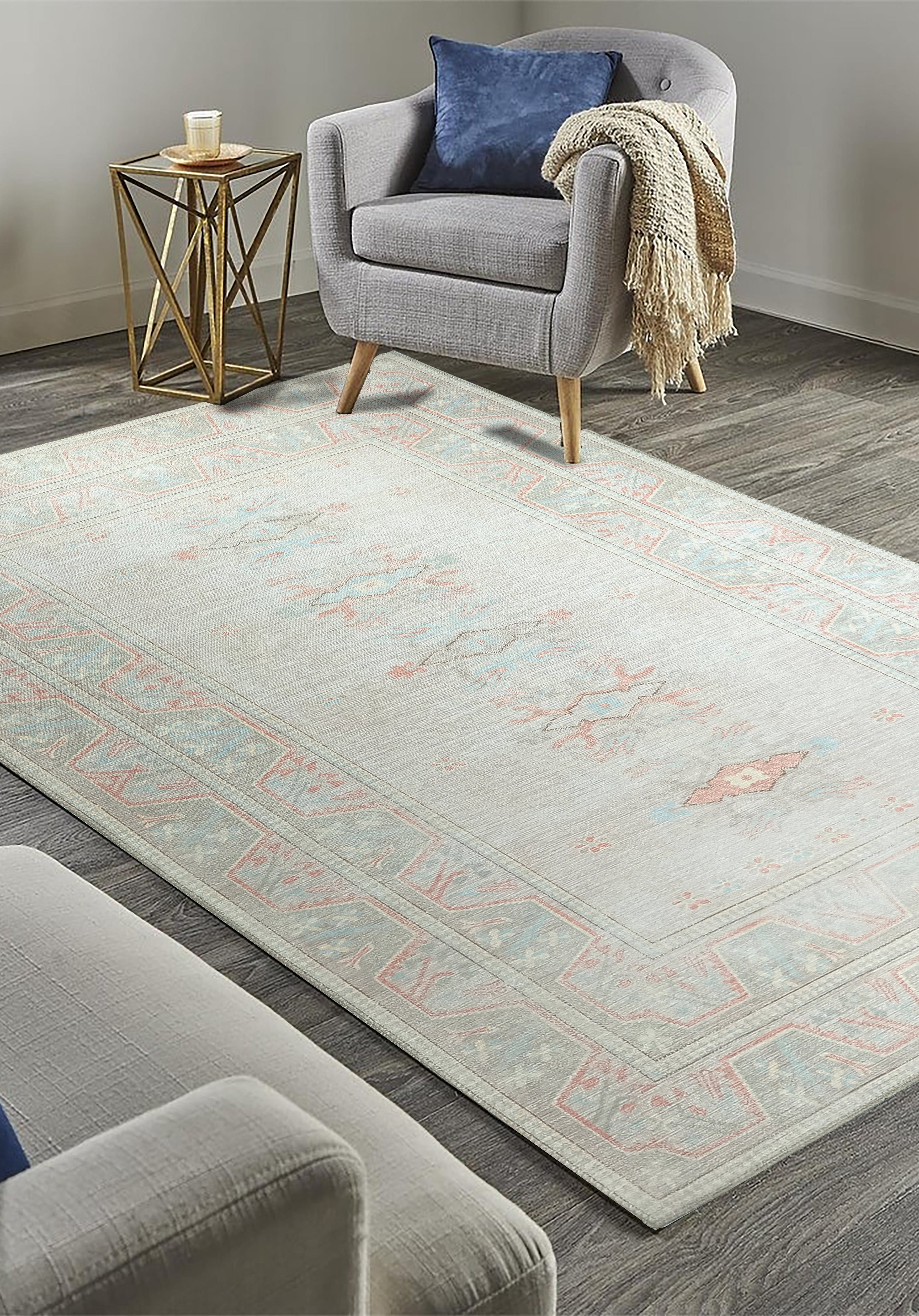 Milas Muted Baby Blue & Pale Blush Turkish Rug