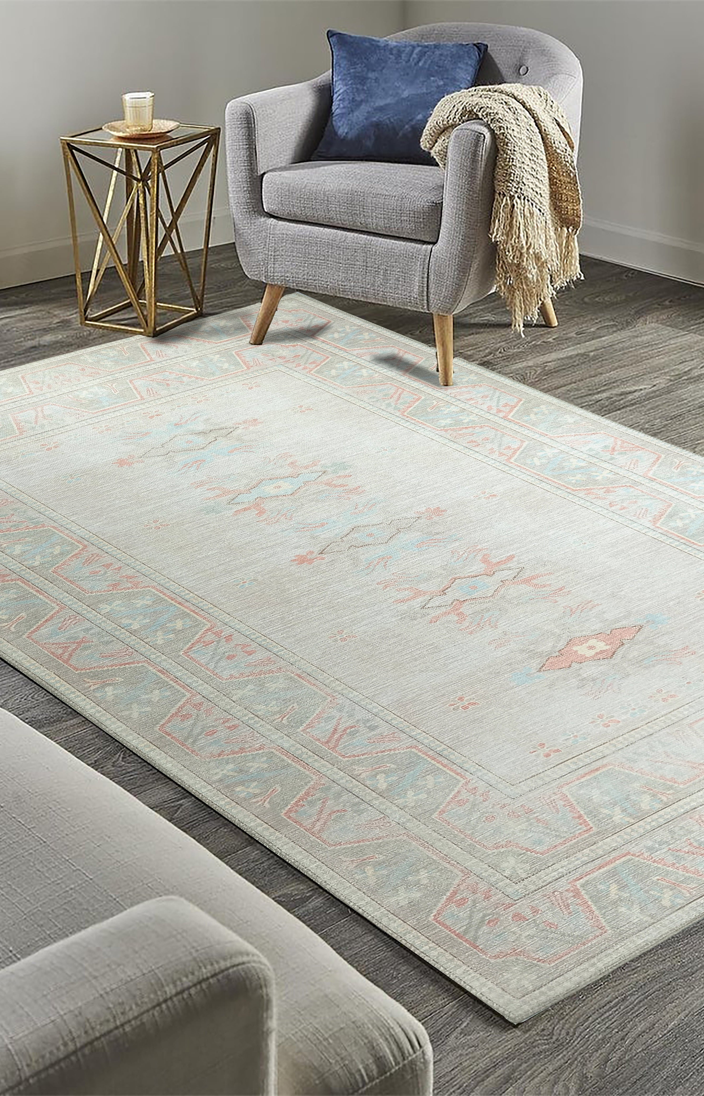 Milas Muted Baby Blue & Pale Blush Turkish Rug