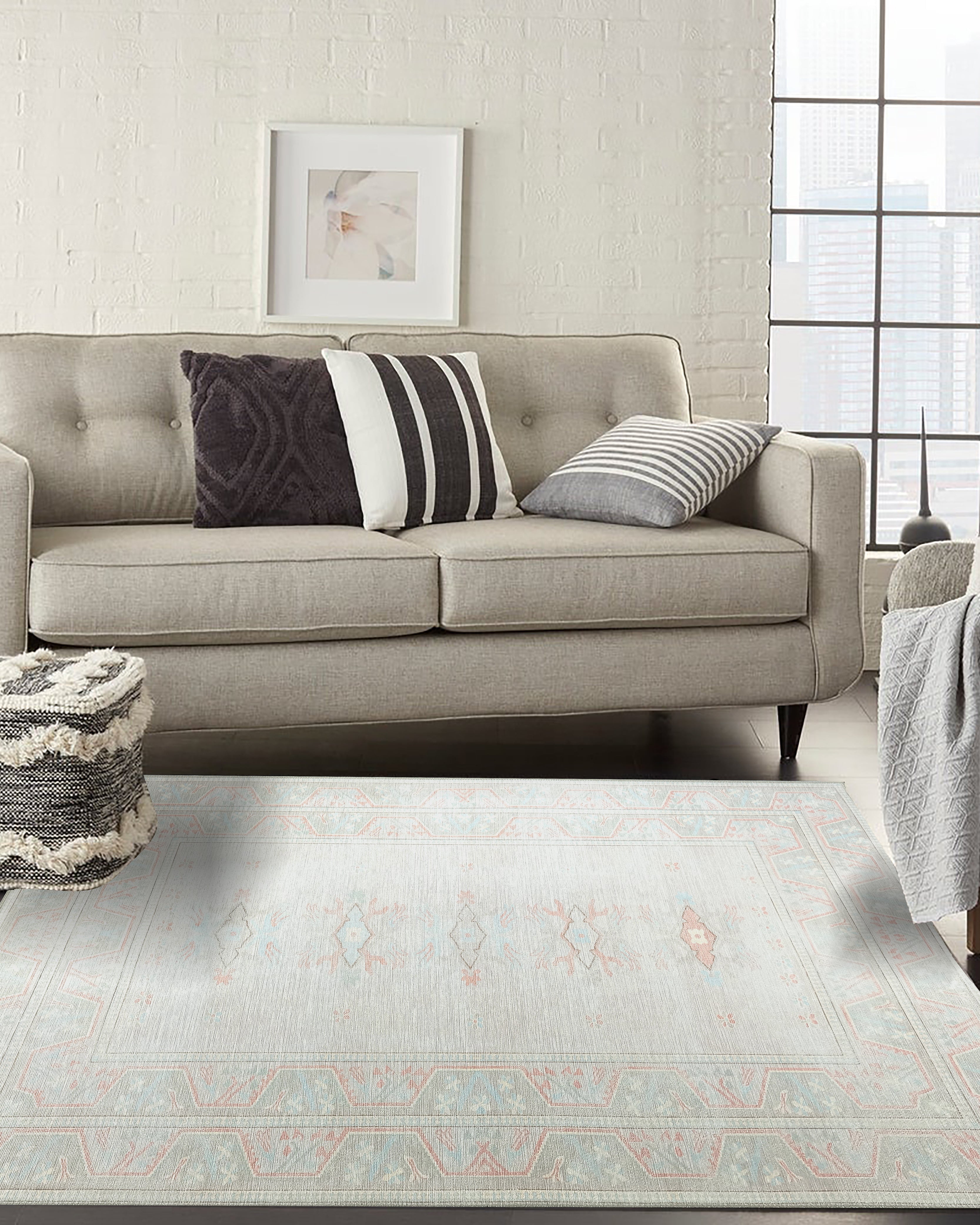 Milas Muted Baby Blue & Pale Blush Turkish Rug