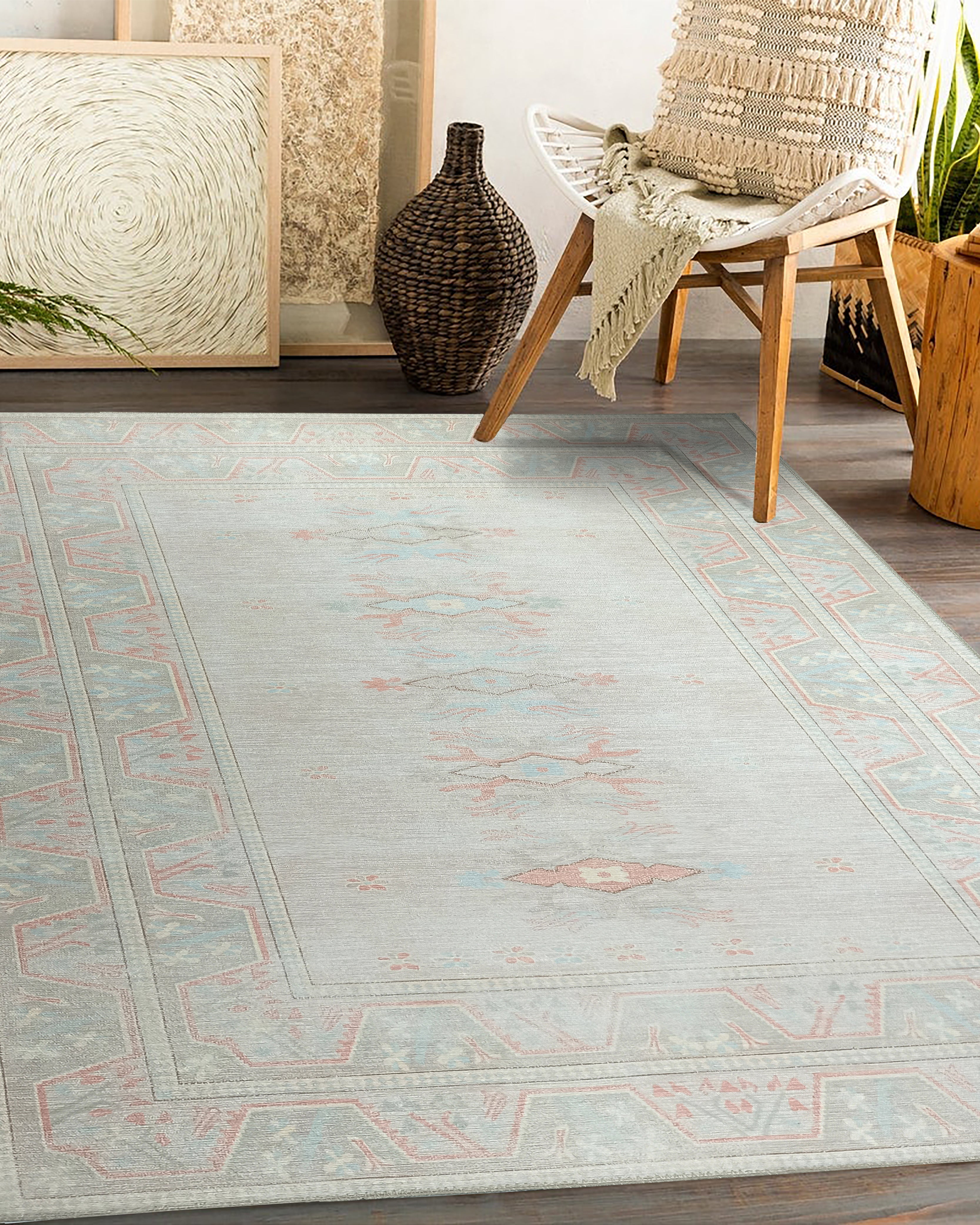 Milas Muted Baby Blue & Pale Blush Turkish Rug