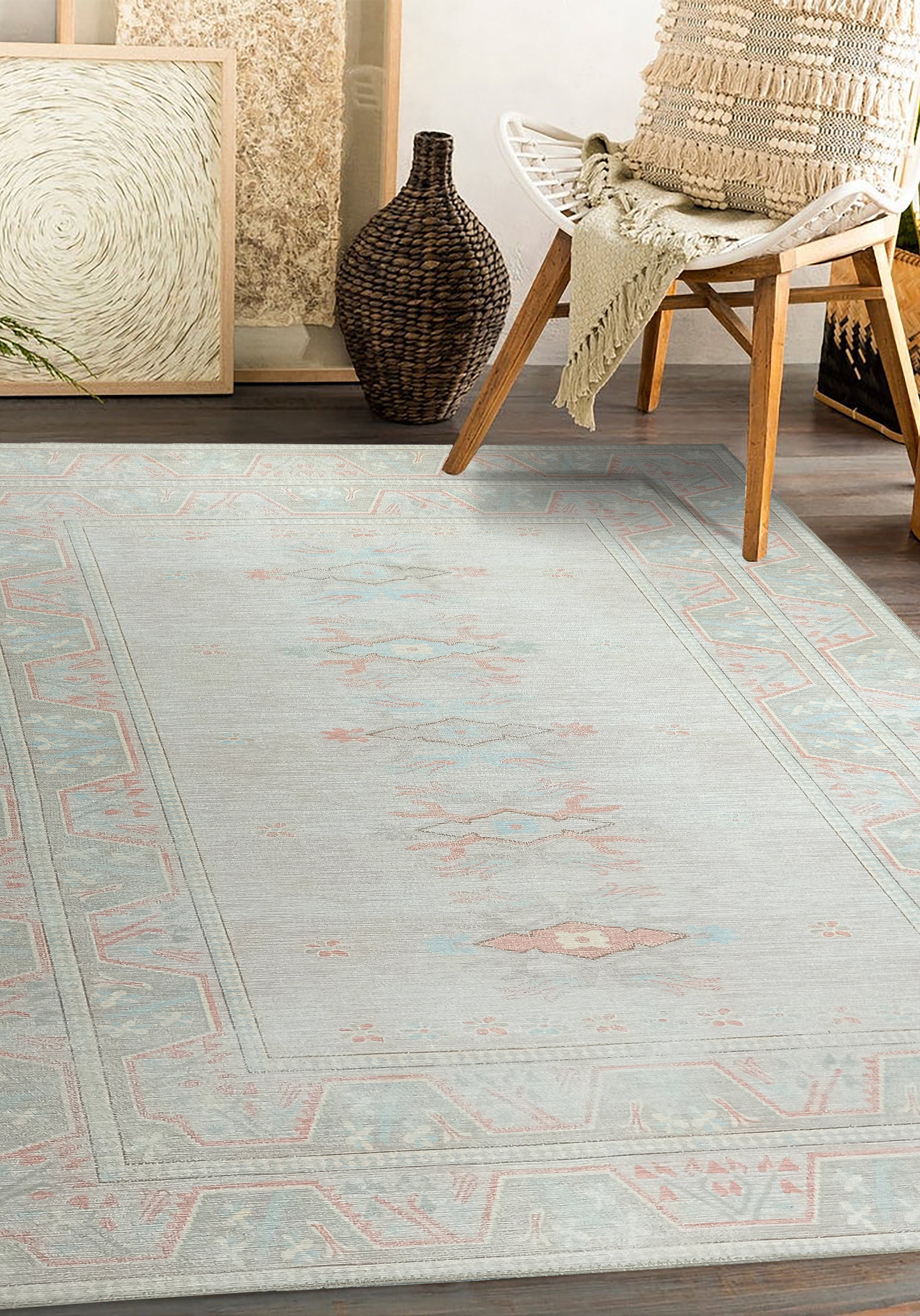 Milas Muted Baby Blue & Pale Blush Turkish Rug