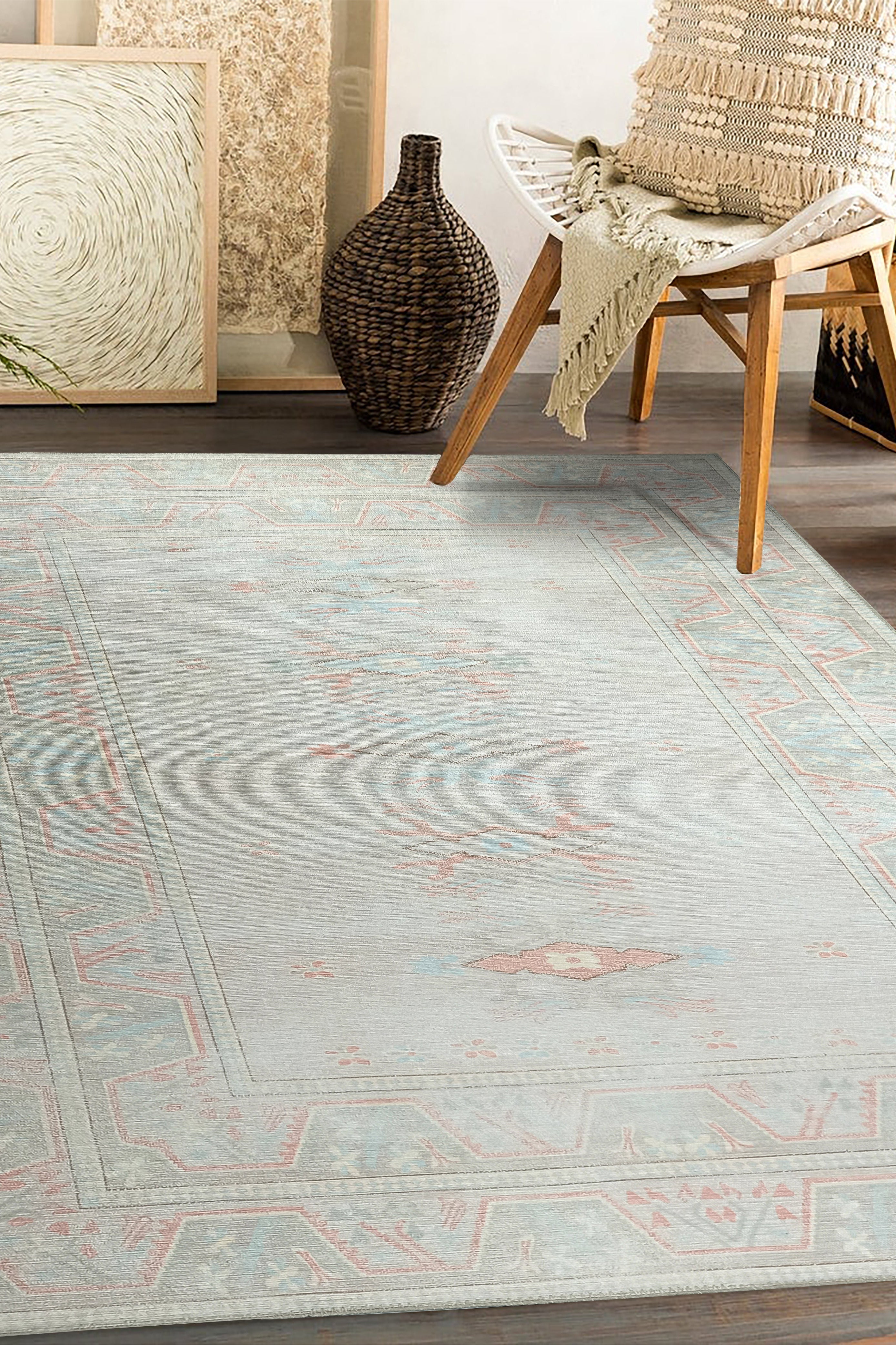 Milas Muted Baby Blue & Pale Blush Turkish Rug