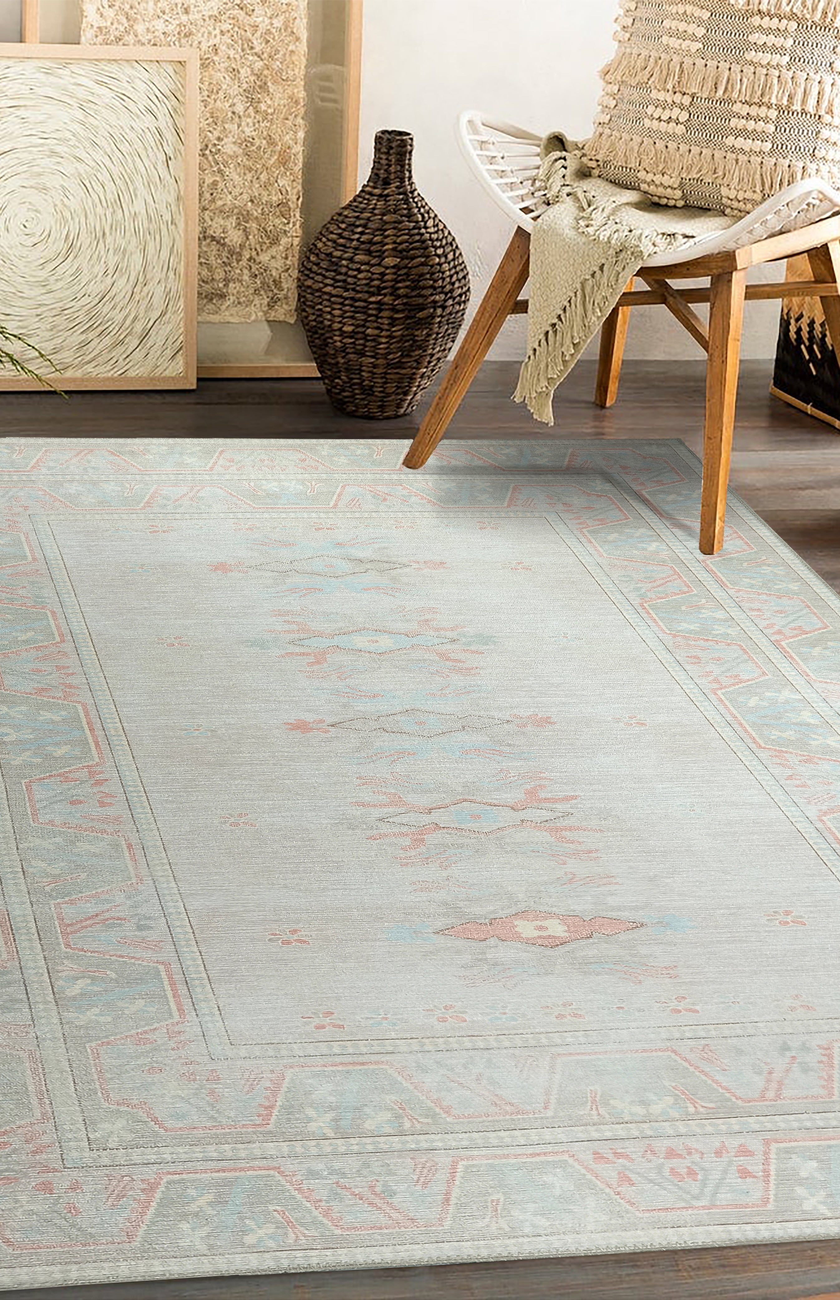 Milas Muted Baby Blue & Pale Blush Turkish Rug