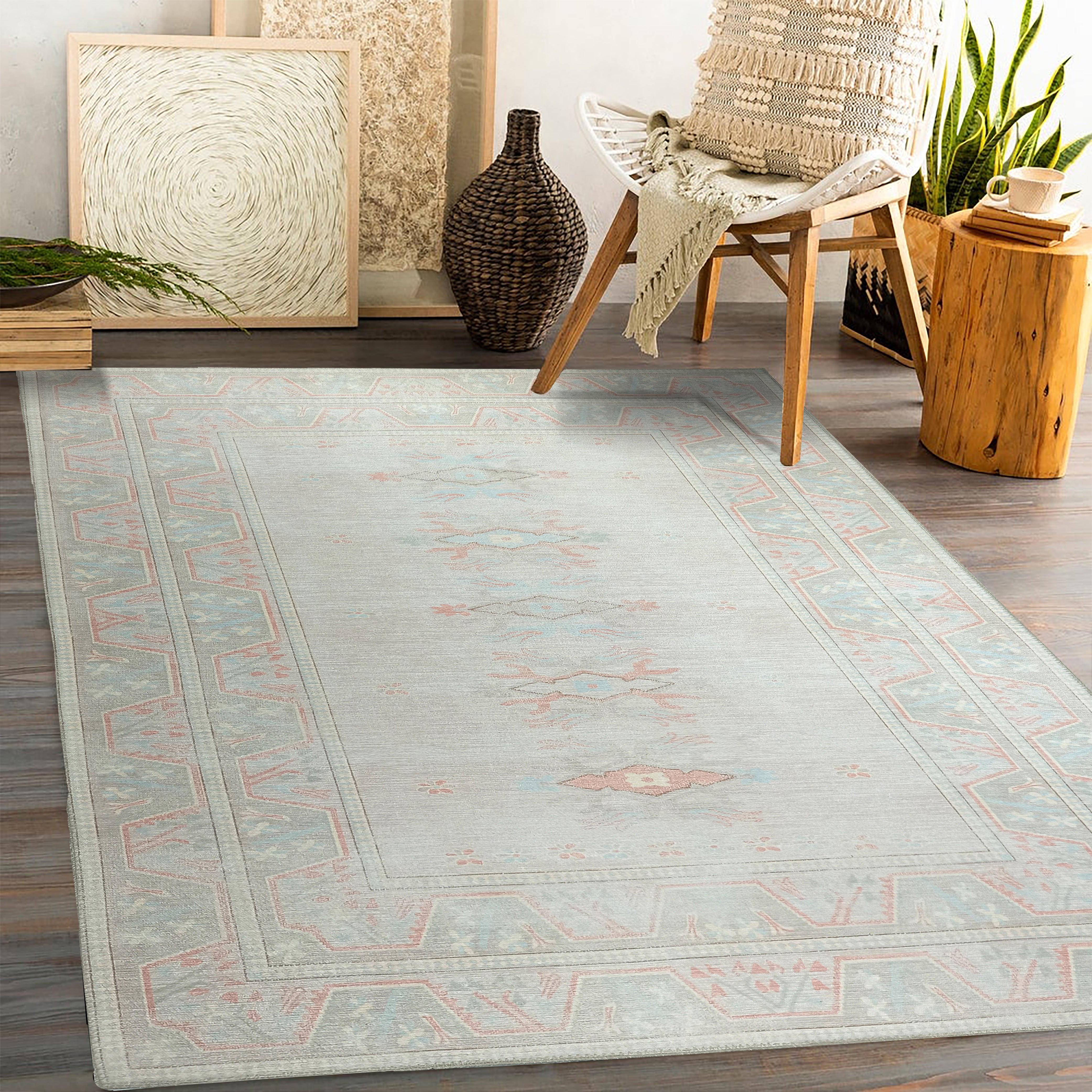 Milas Muted Baby Blue & Pale Blush Turkish Rug