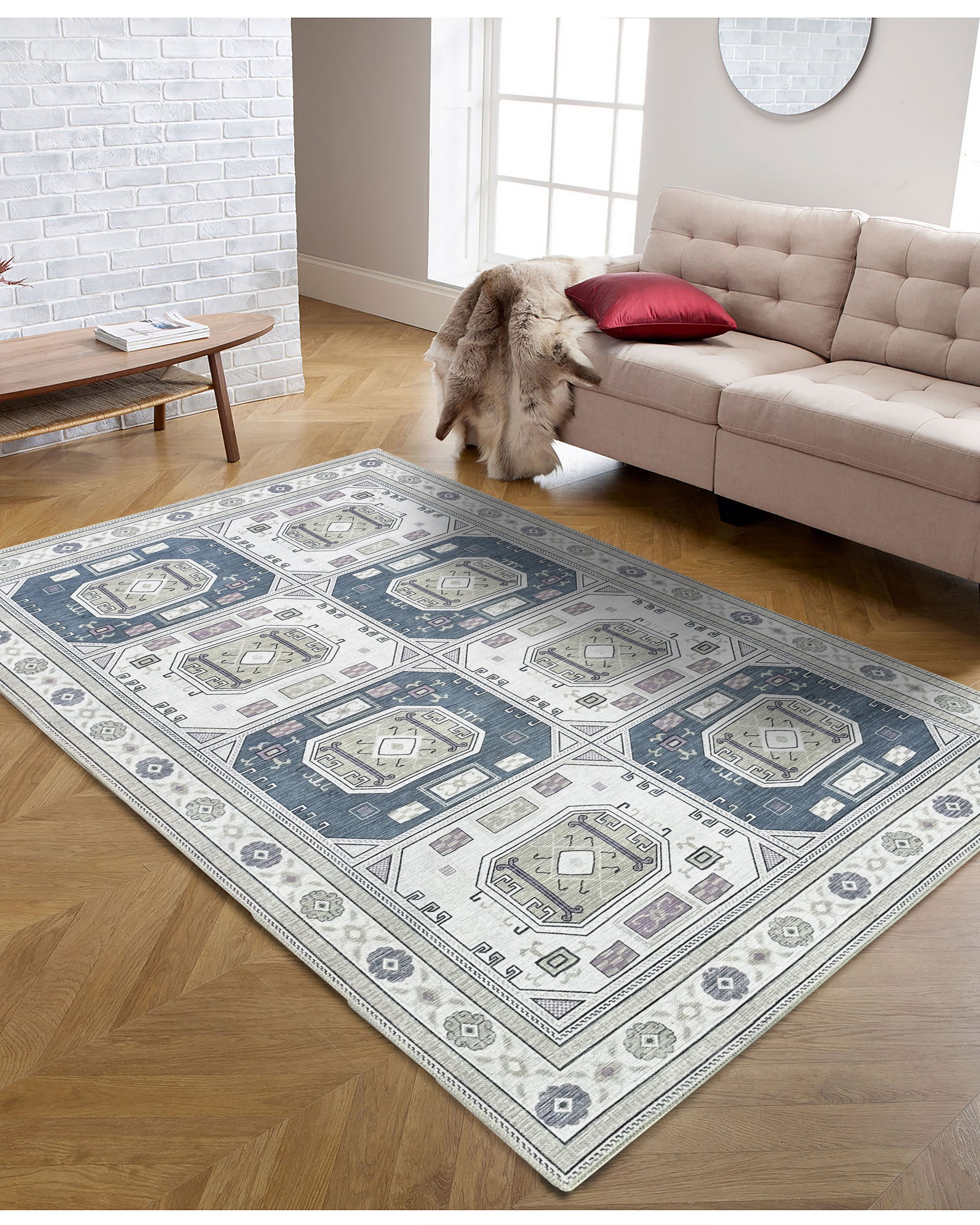 Amaan Cream Navy Modern Turkish Rug