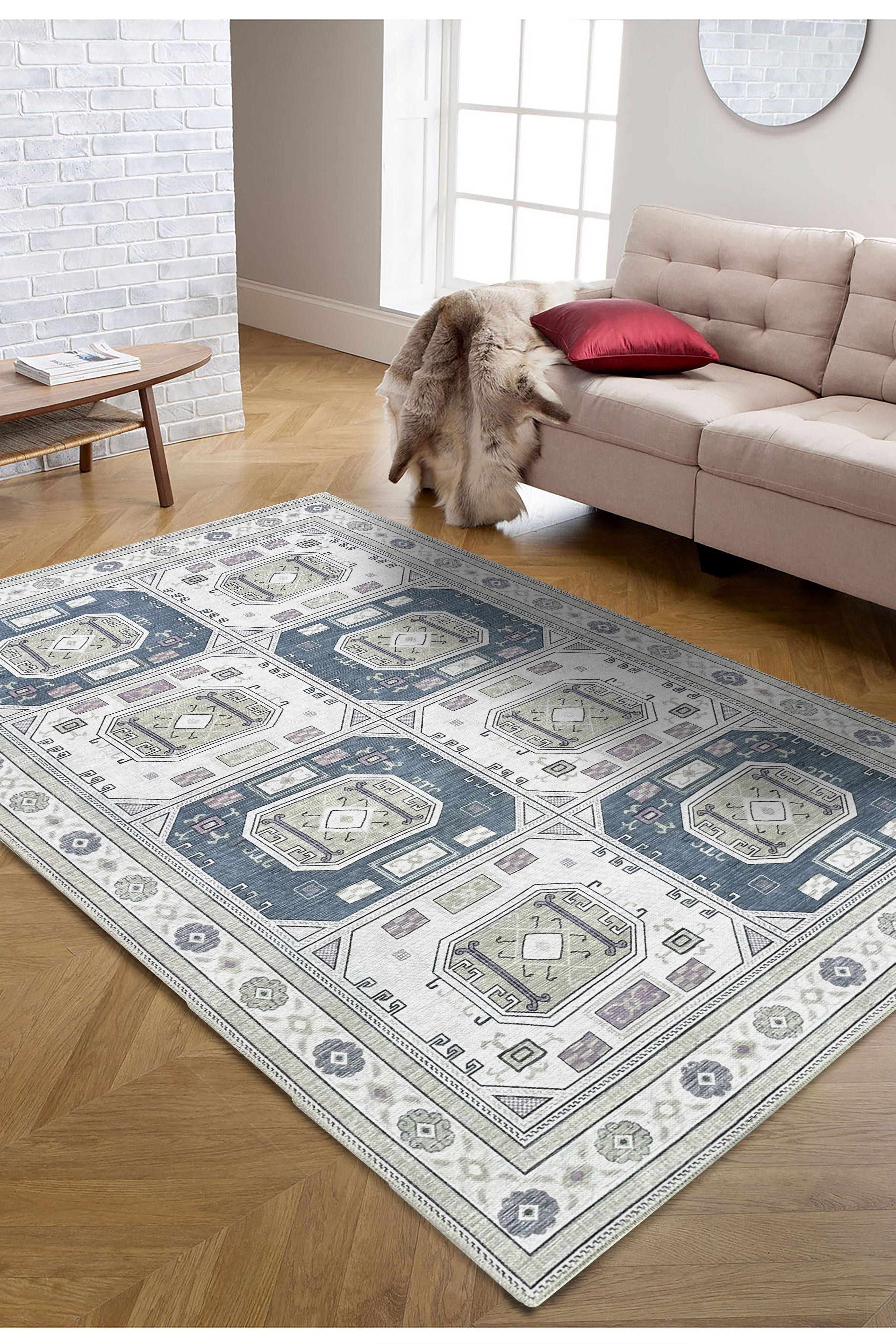 Amaan Cream Navy Modern Turkish Rug