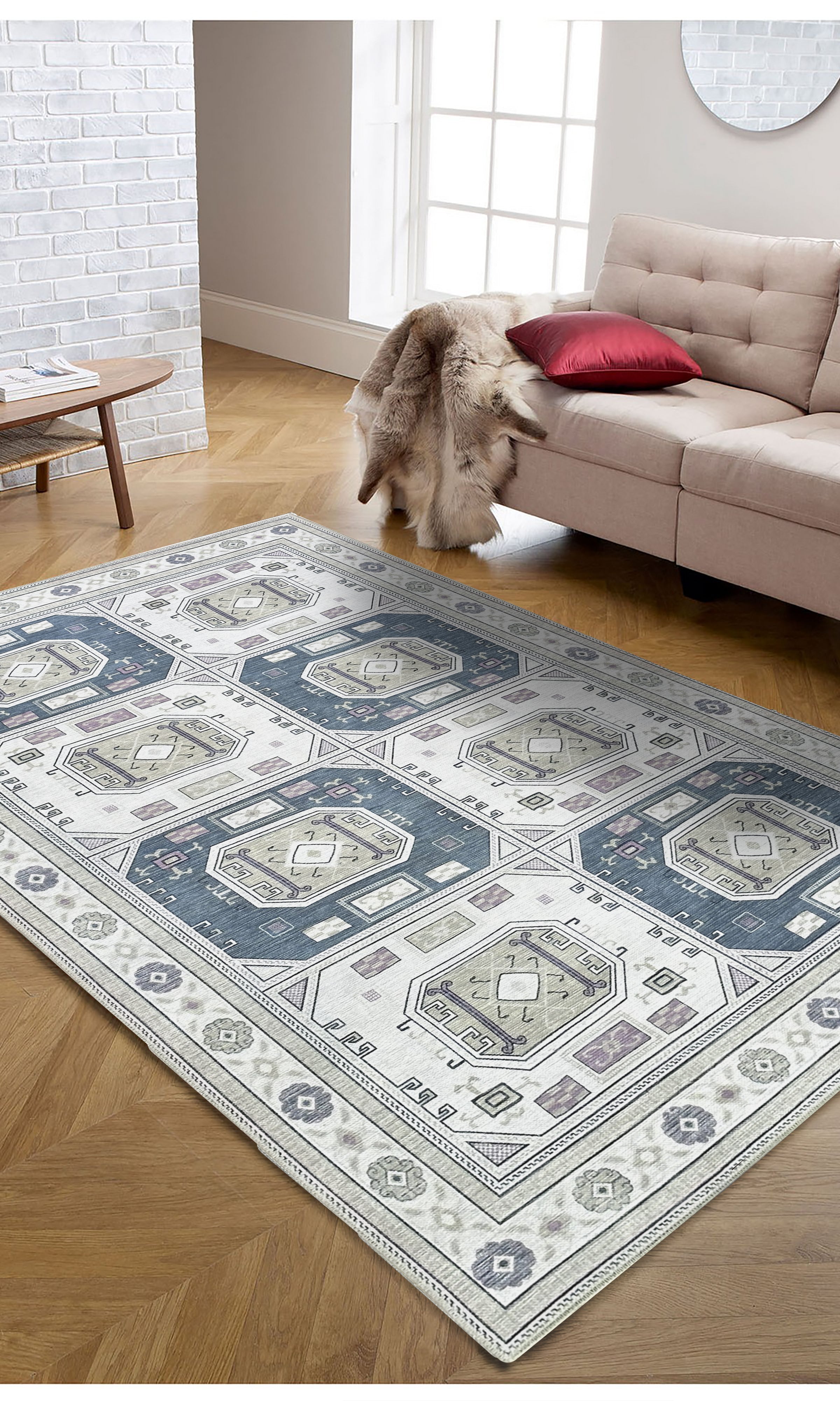 Amaan Cream Navy Modern Turkish Rug
