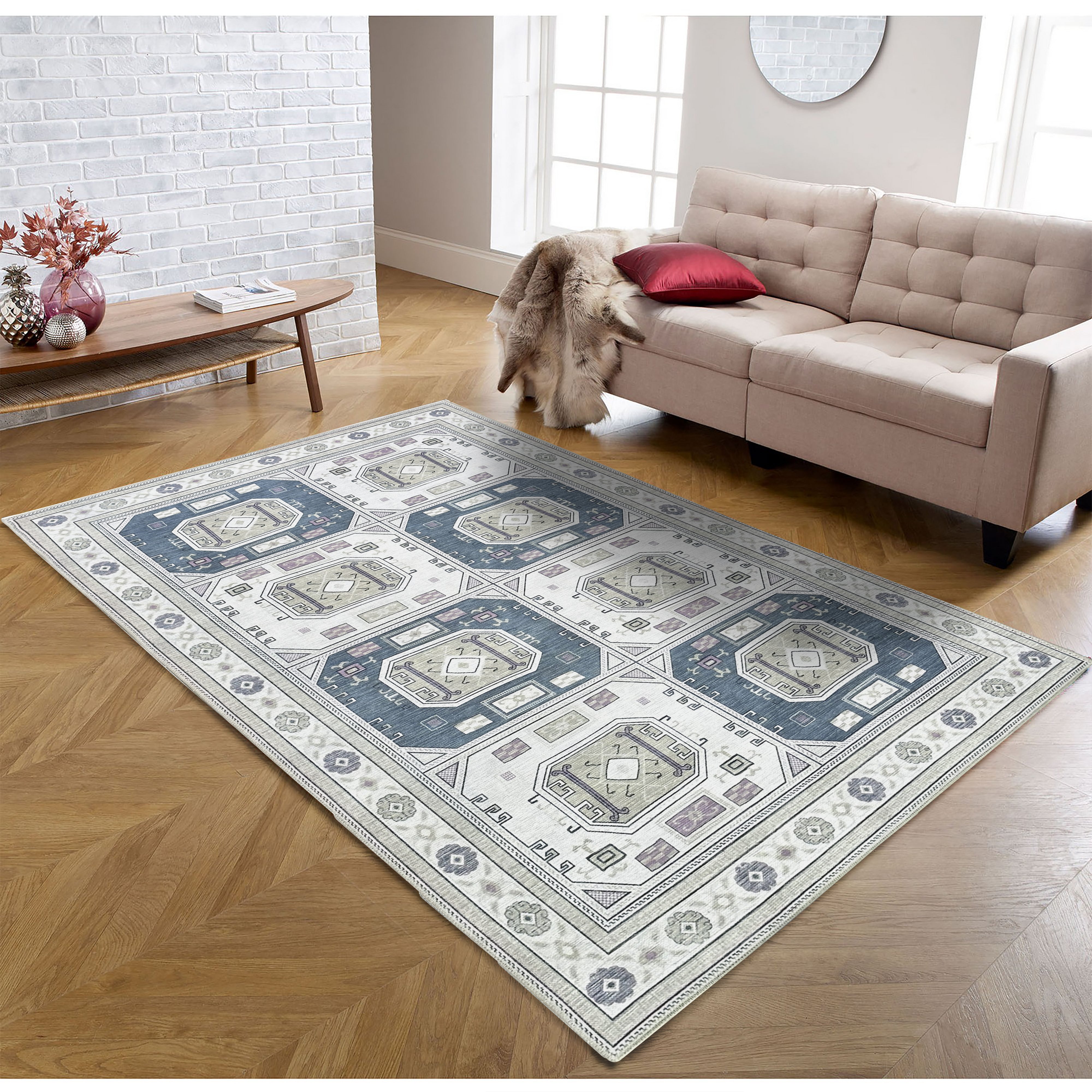 Amaan Cream Navy Modern Turkish Rug