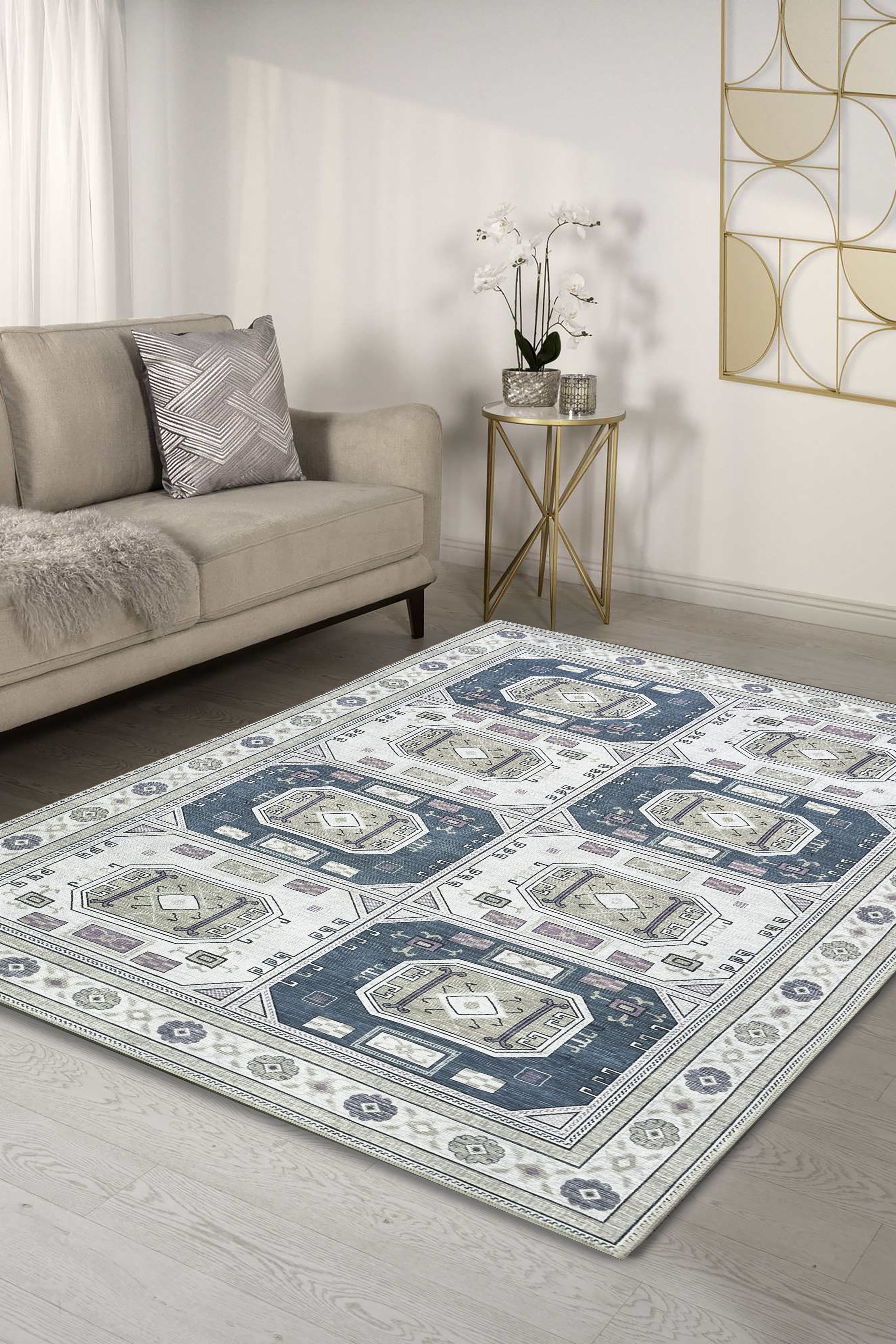 Amaan Cream Navy Modern Turkish Rug