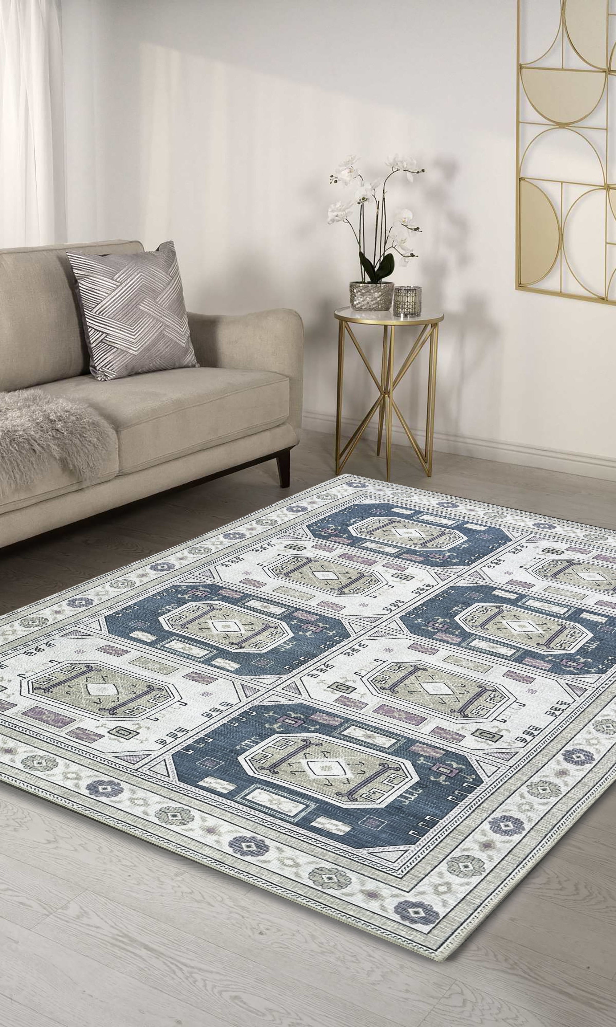 Amaan Cream Navy Modern Turkish Rug