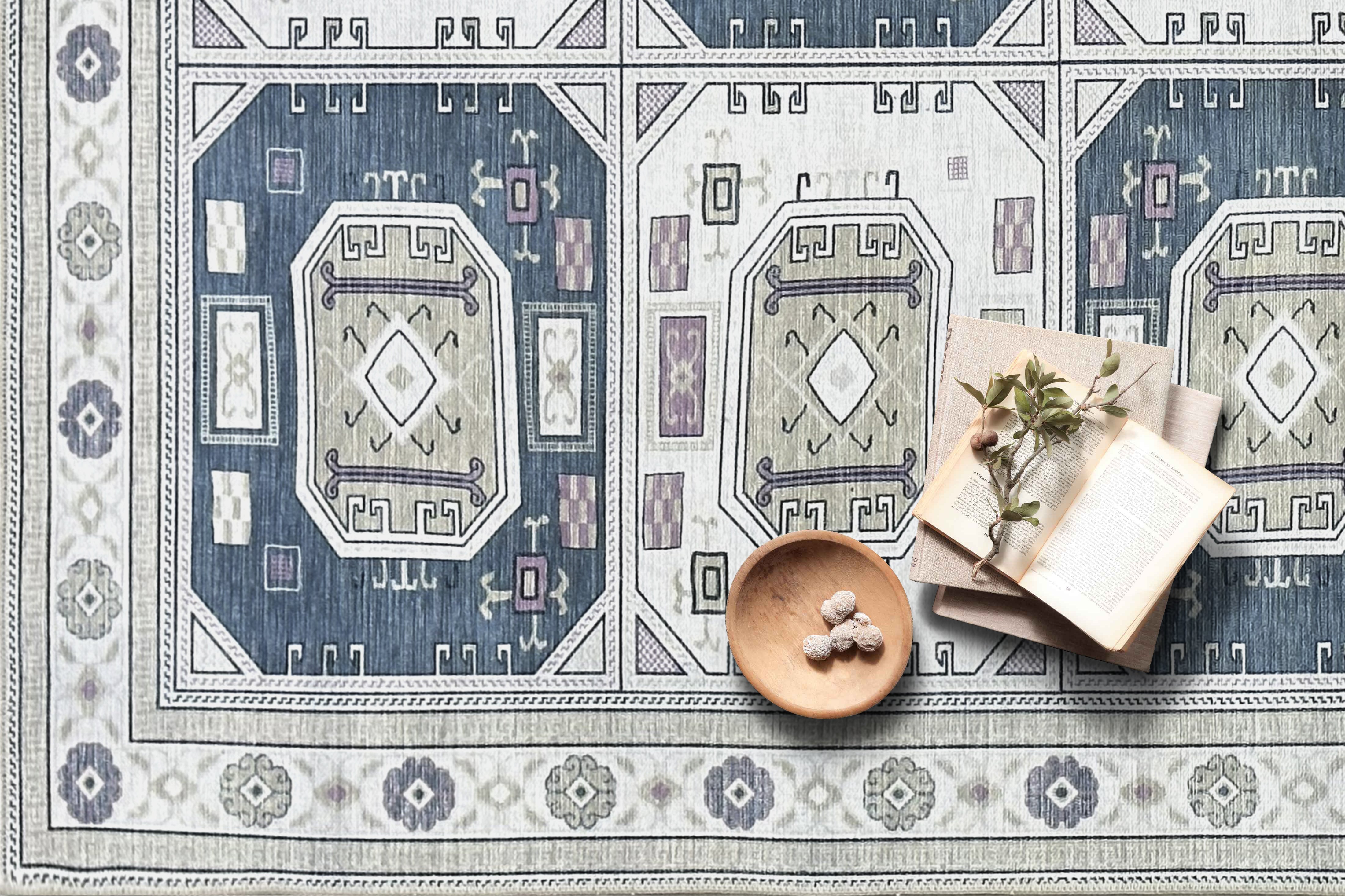 Amaan Cream Navy Modern Turkish Rug