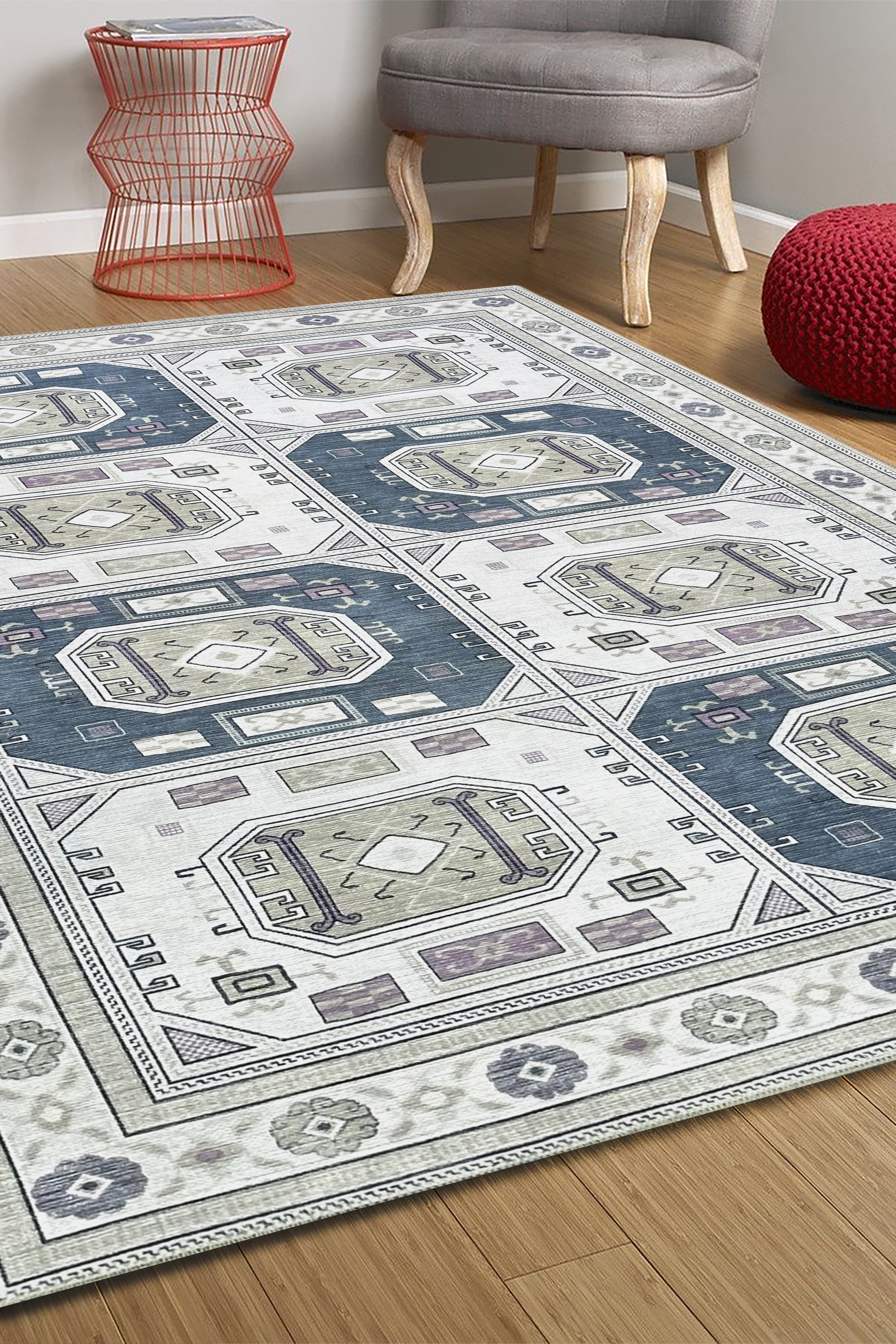 Amaan Cream Navy Modern Turkish Rug
