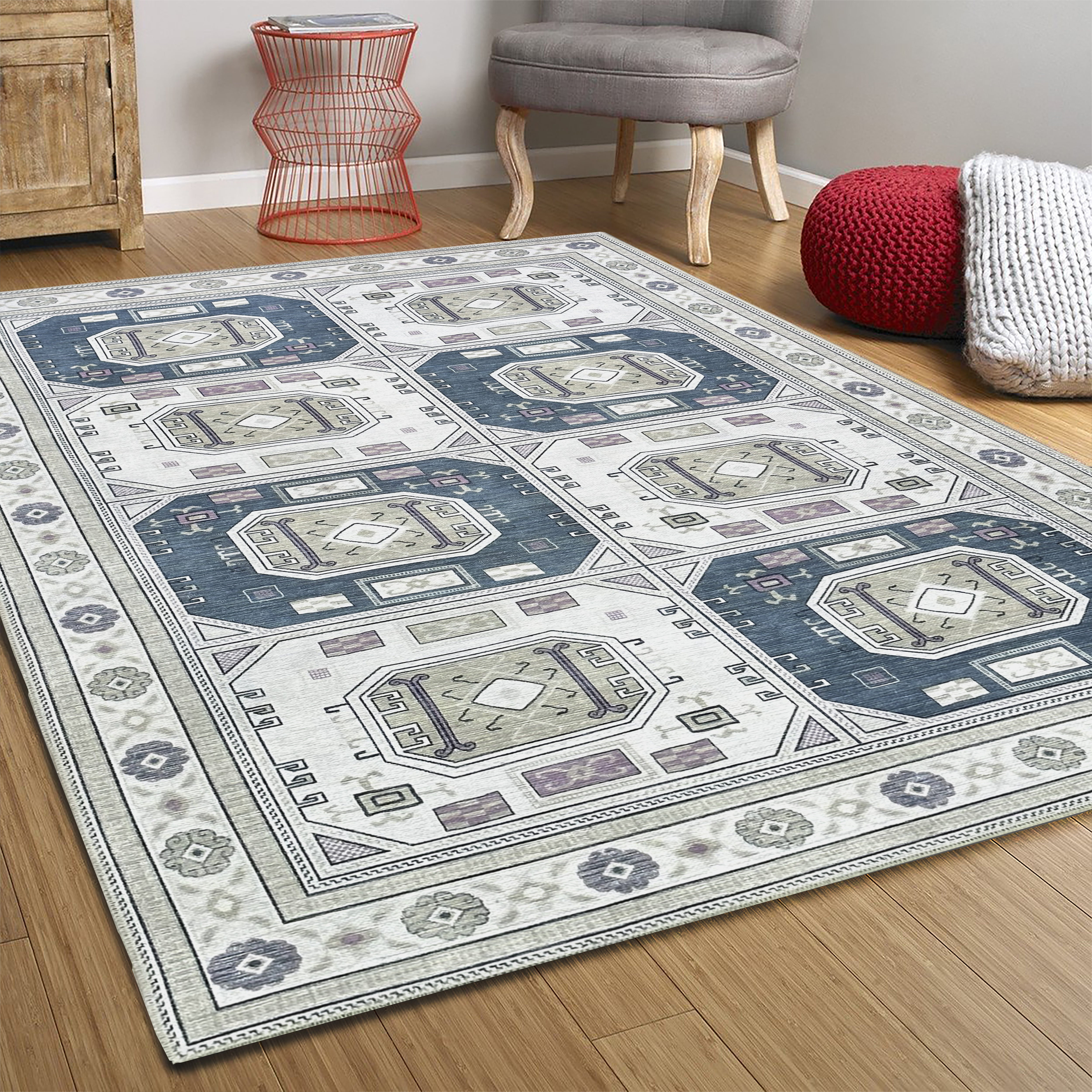 Amaan Cream Navy Modern Turkish Rug