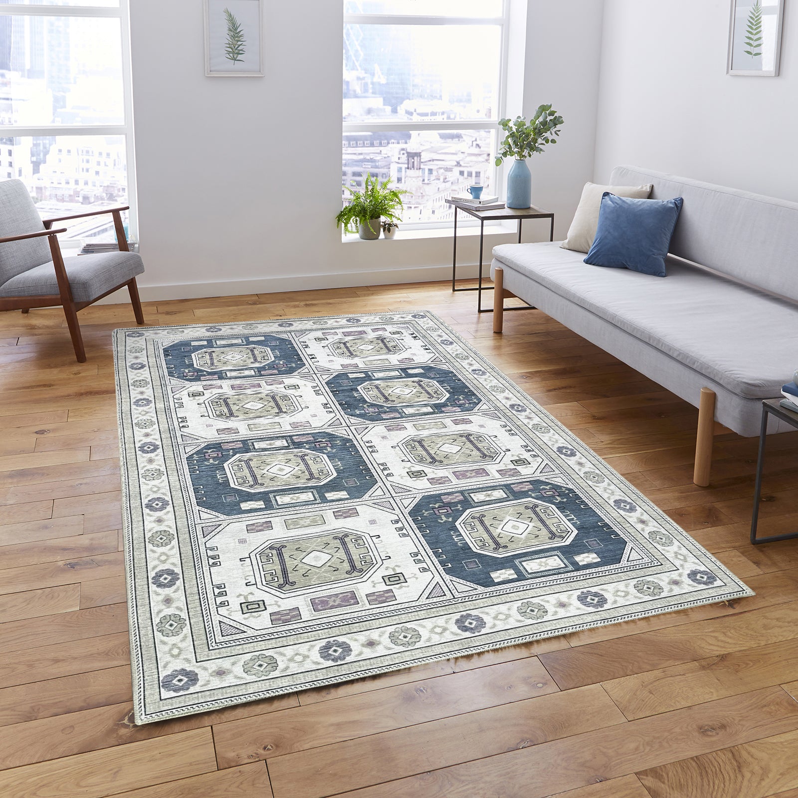 Amaan Cream Navy Modern Turkish Rug
