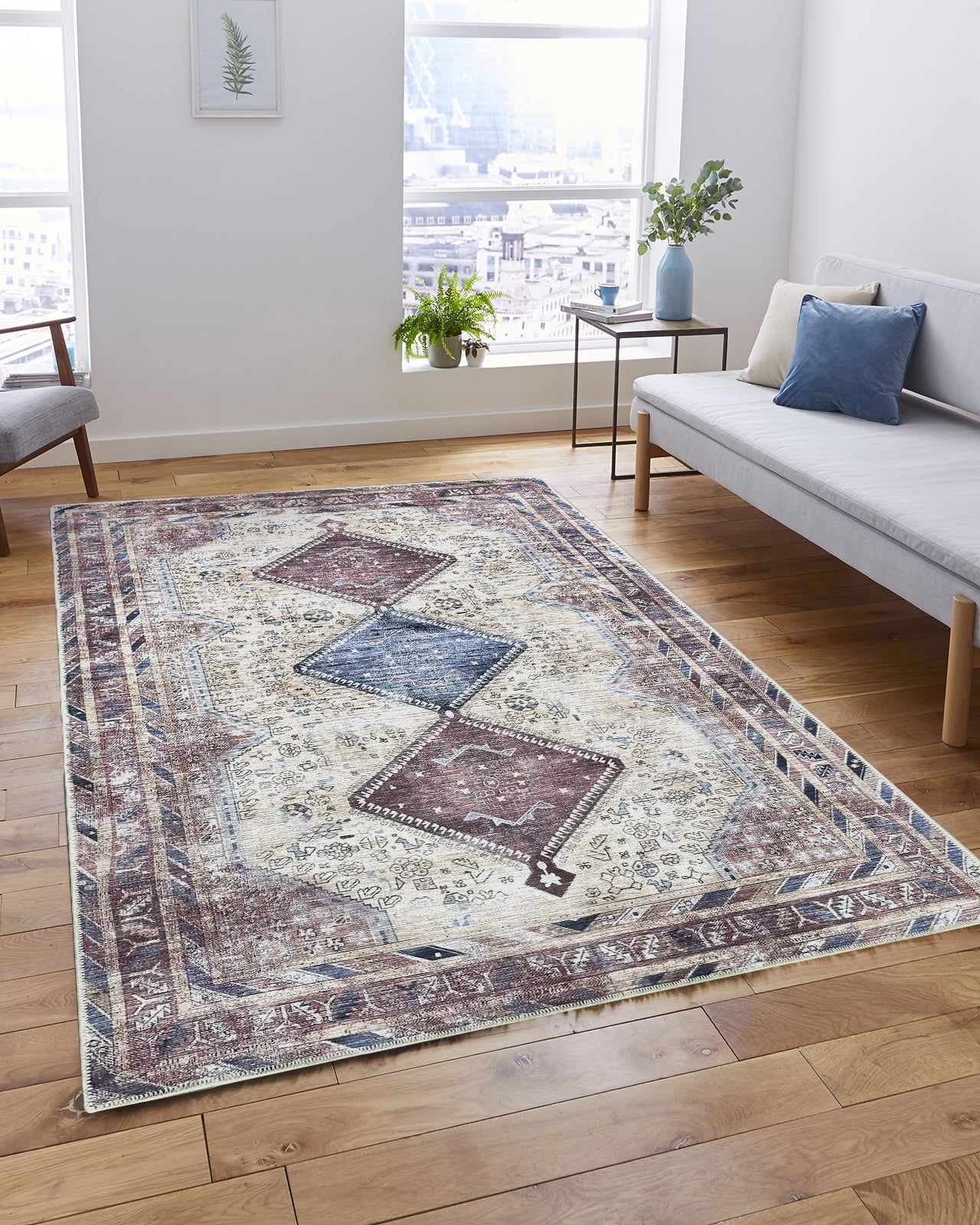 Azanna Terracotta Blue Beige Modern Turkish Rug