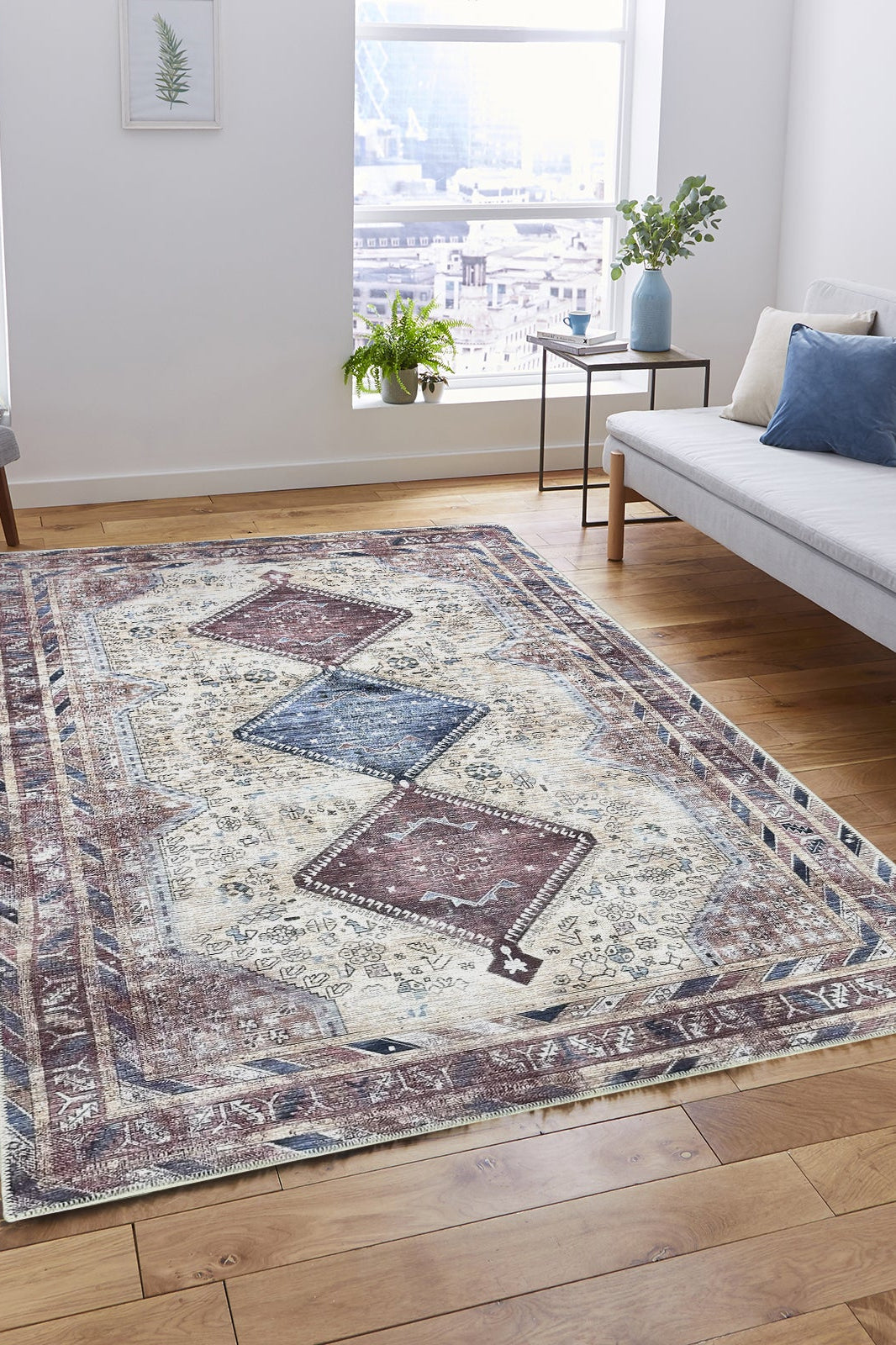 Azanna Terracotta Blue Beige Modern Turkish Rug