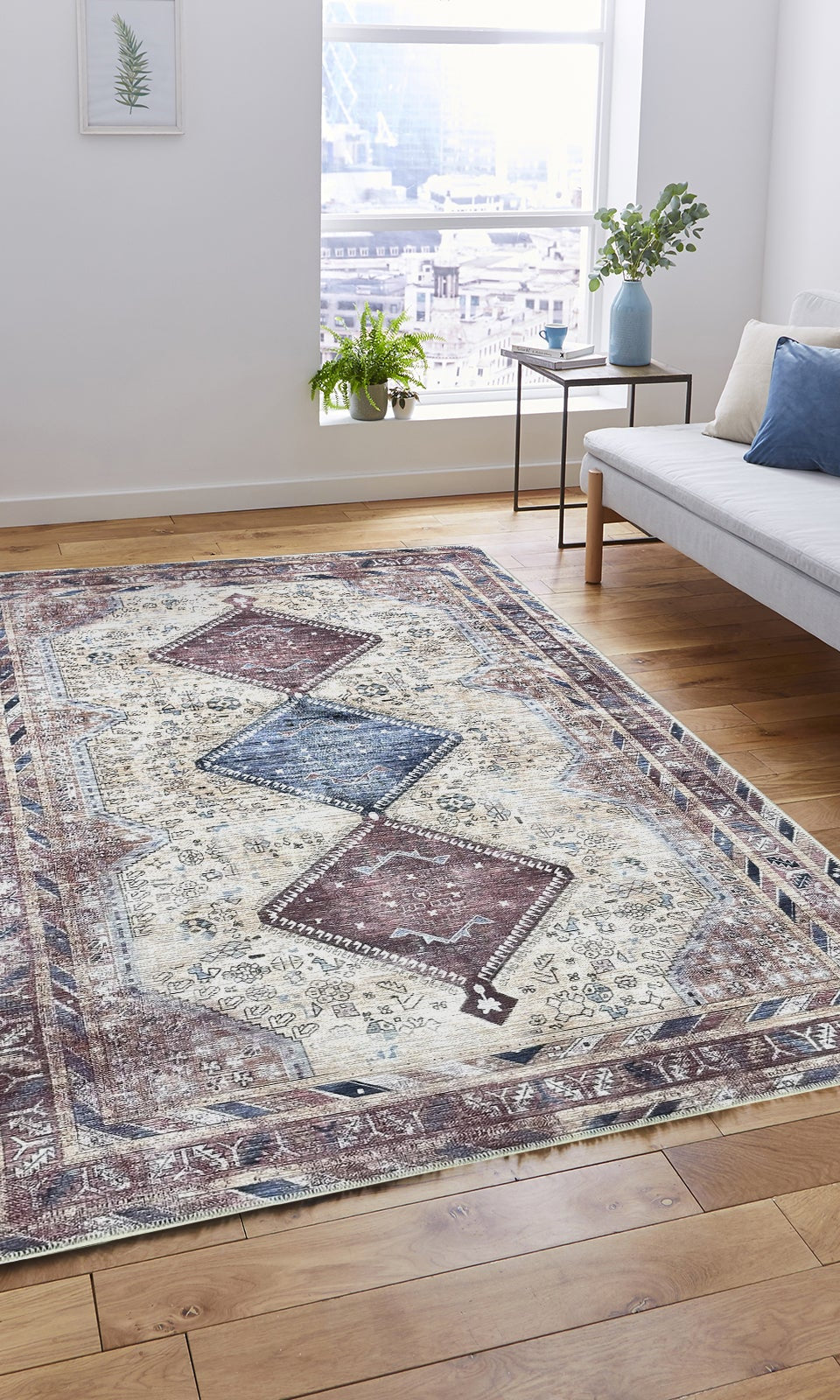 Azanna Terracotta Blue Beige Modern Turkish Rug