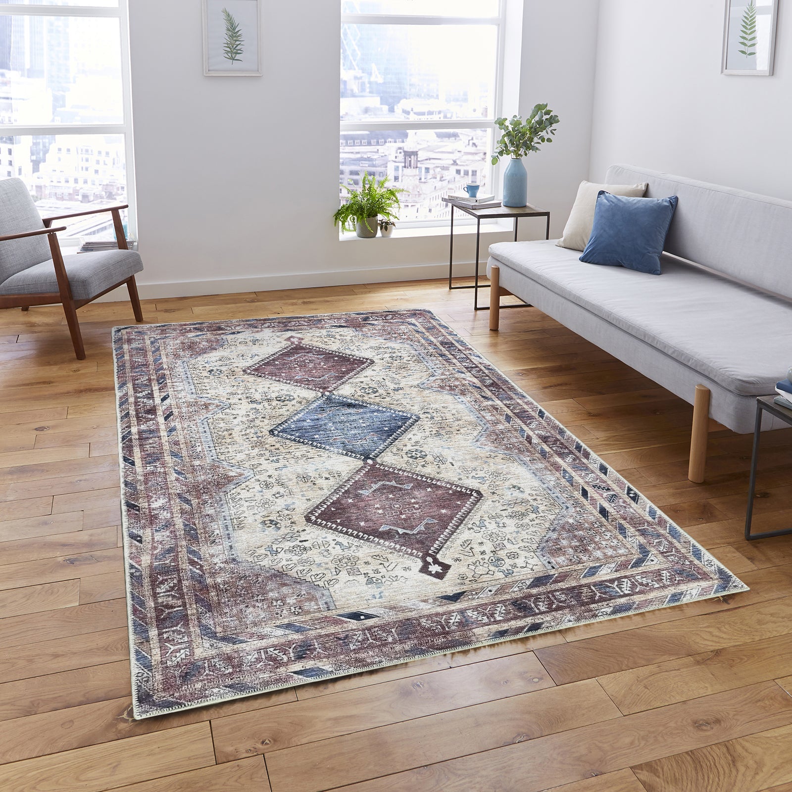 Azanna Terracotta Blue Beige Modern Turkish Rug