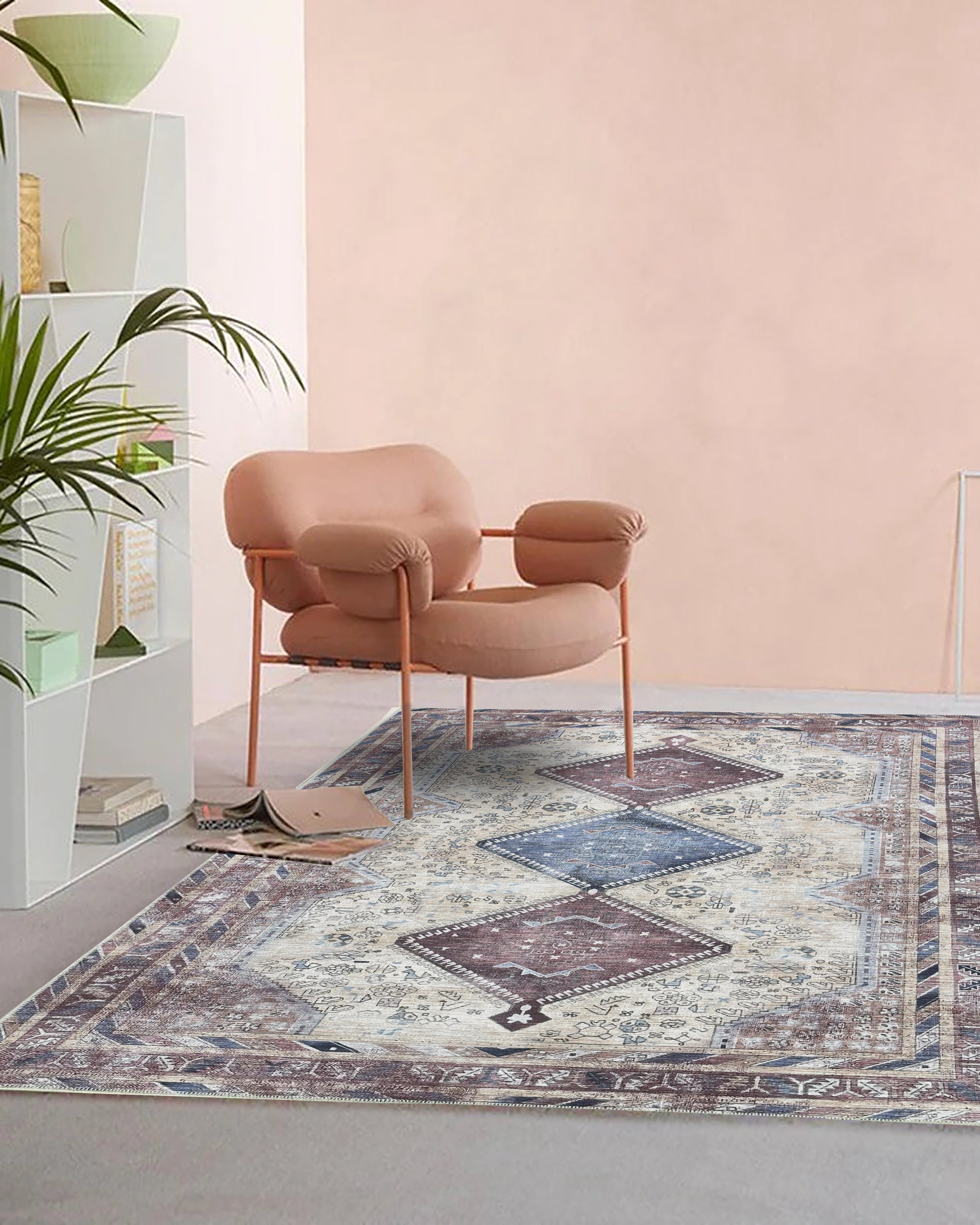 Azanna Terracotta Blue Beige Modern Turkish Rug