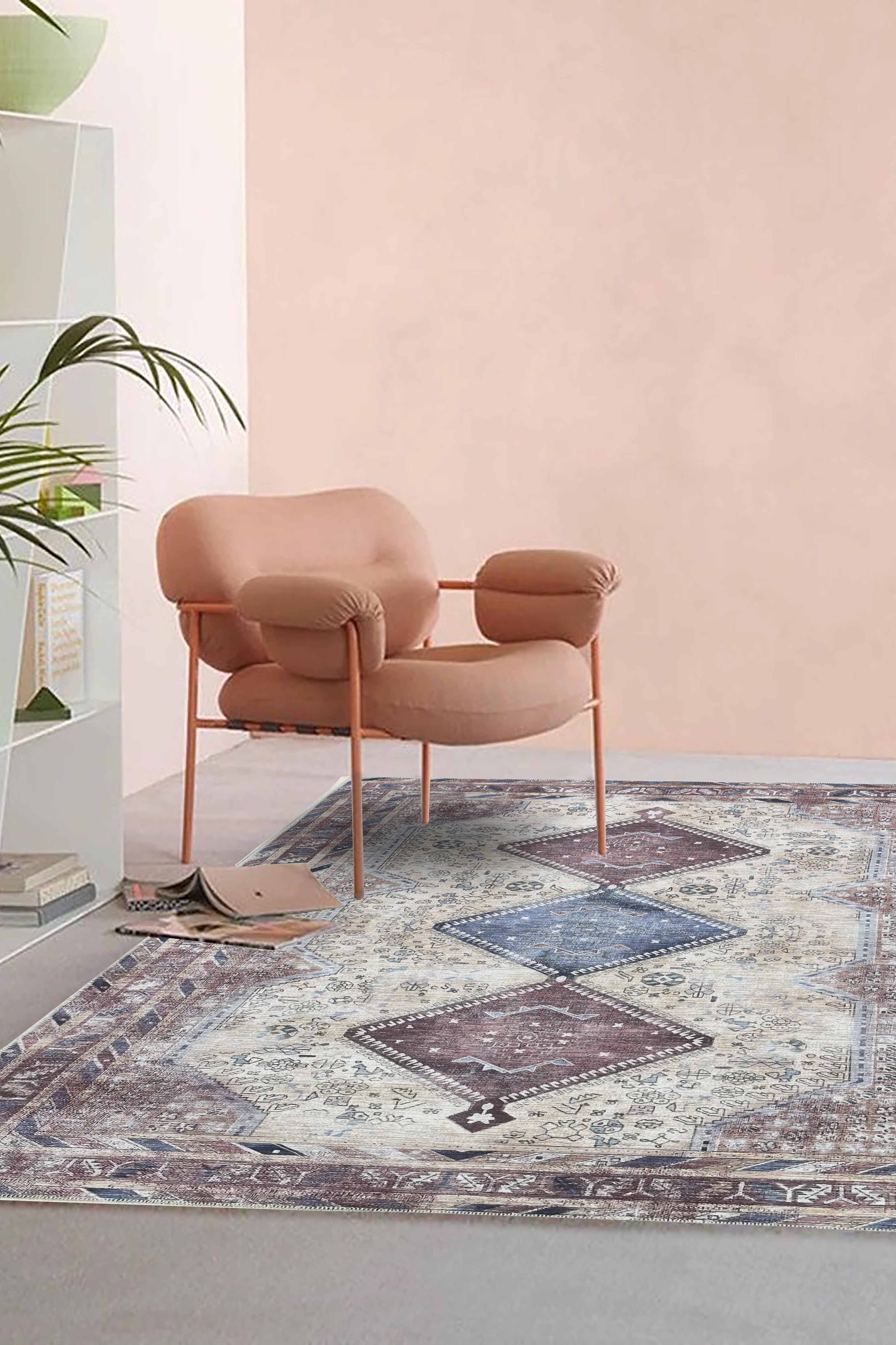 Azanna Terracotta Blue Beige Modern Turkish Rug