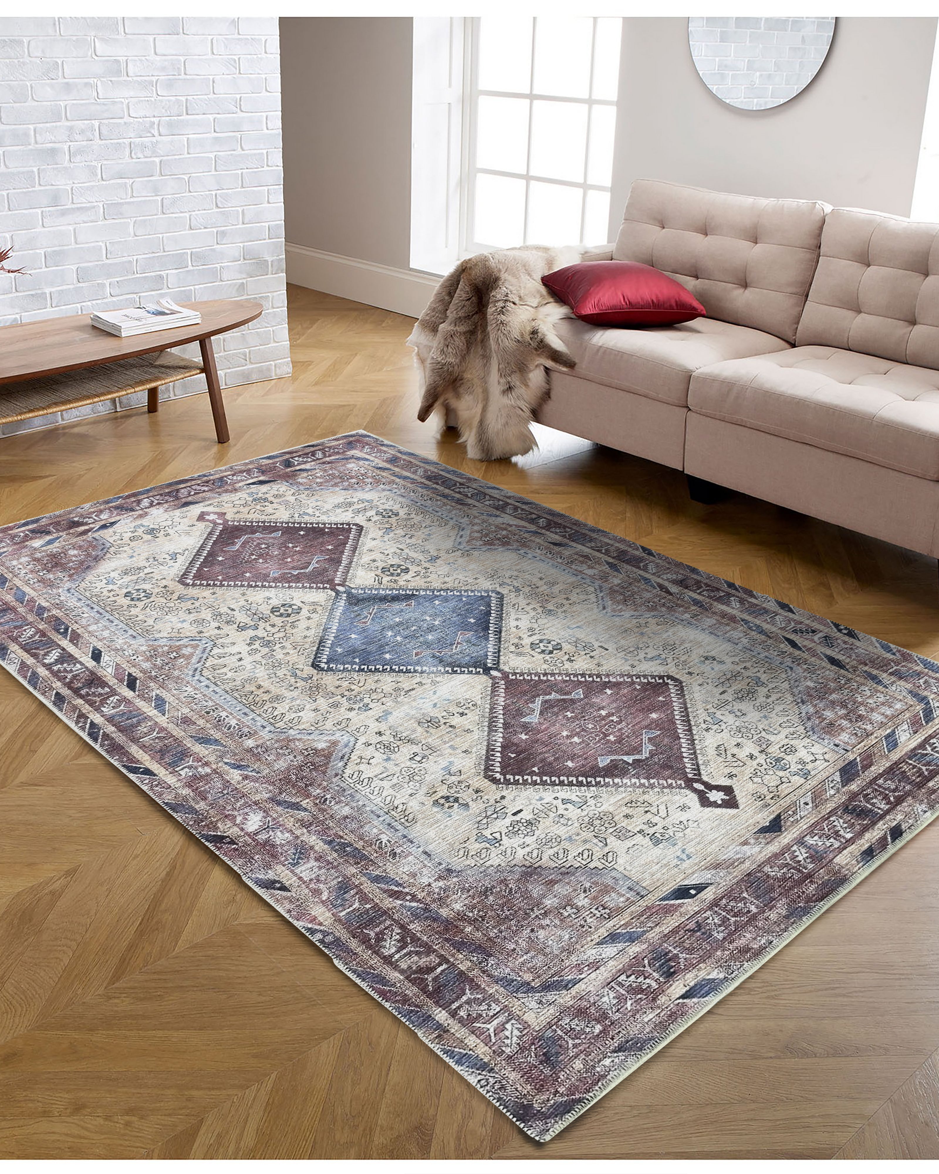 Azanna Terracotta Blue Beige Modern Turkish Rug