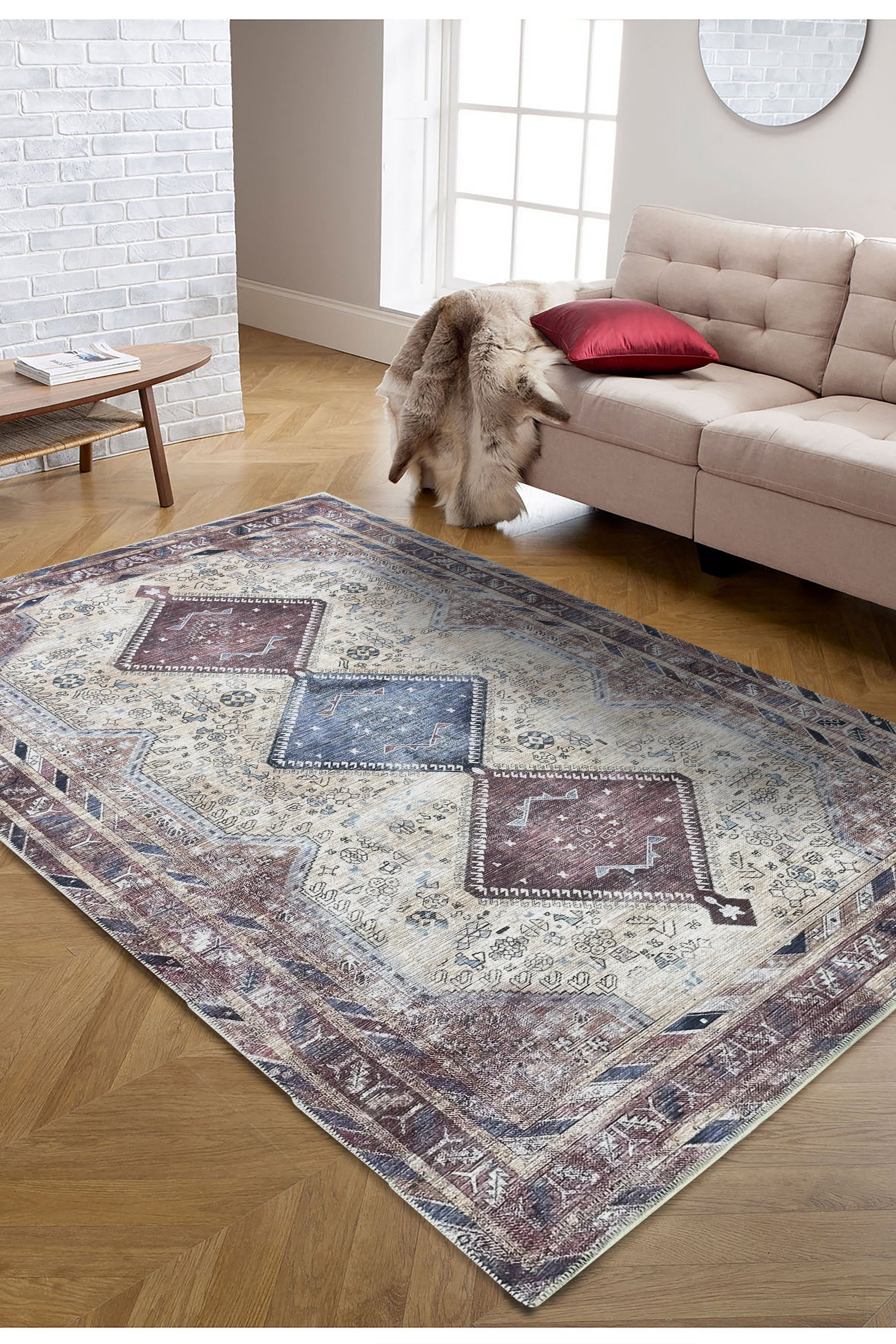 Azanna Terracotta Blue Beige Modern Turkish Rug