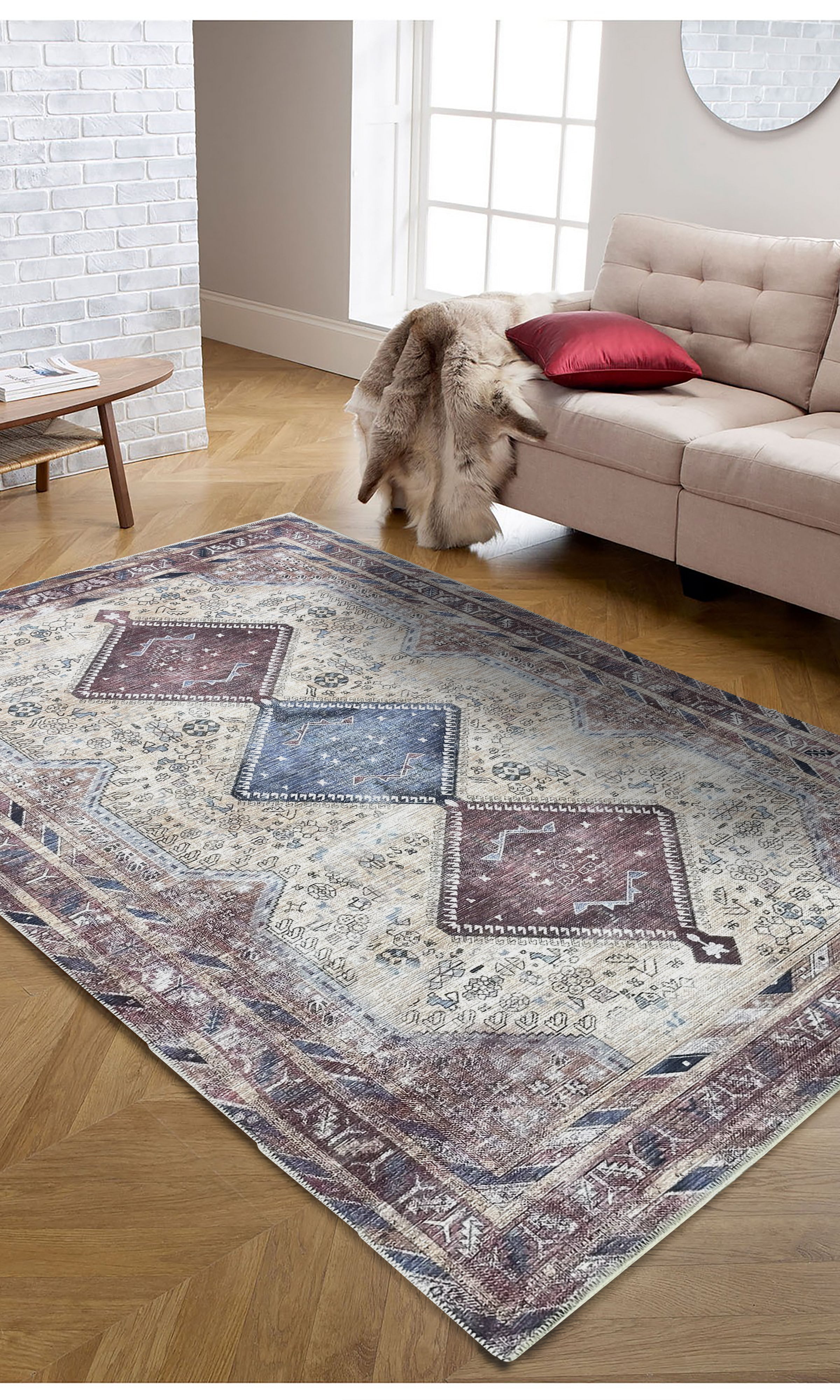Azanna Terracotta Blue Beige Modern Turkish Rug