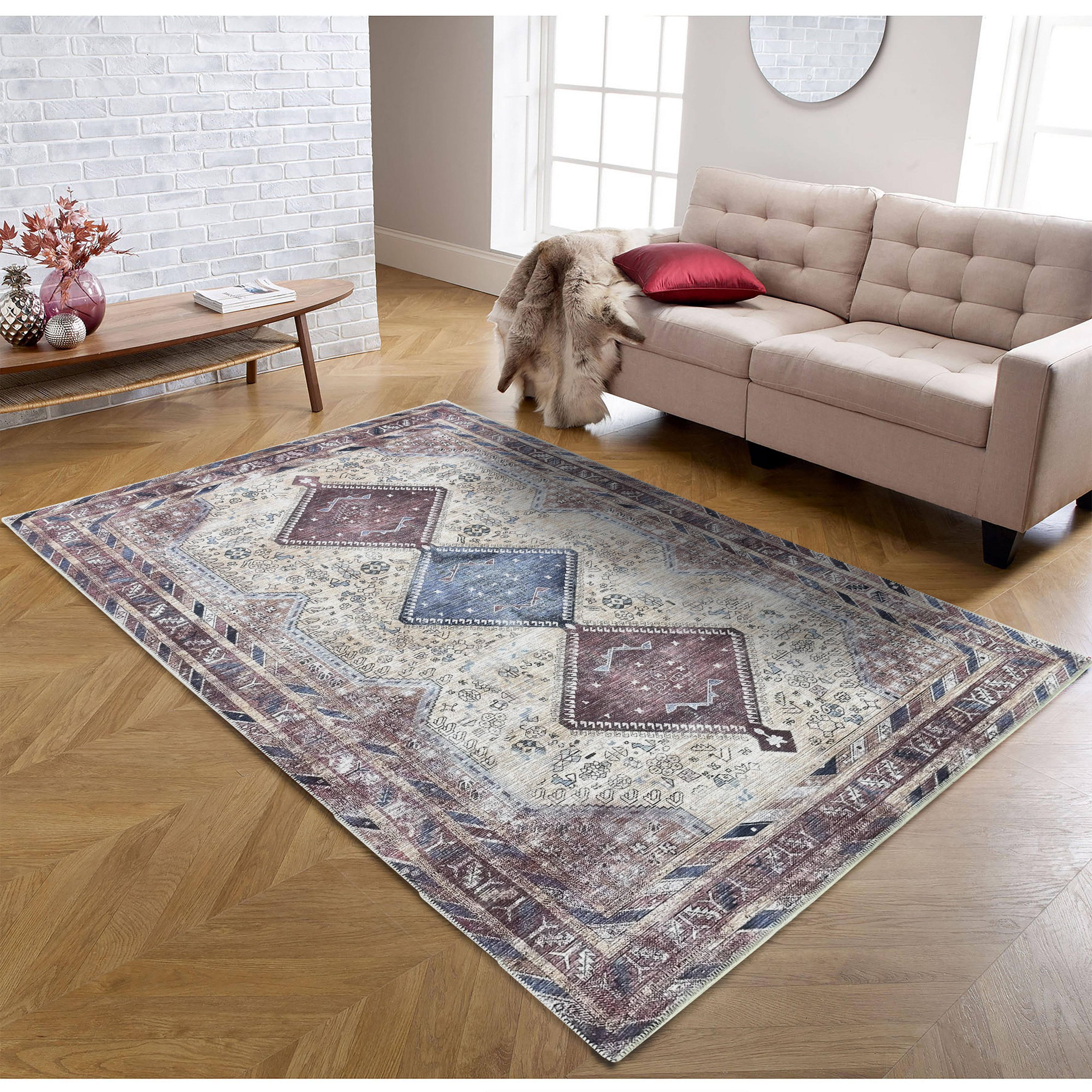 Azanna Terracotta Blue Beige Modern Turkish Rug