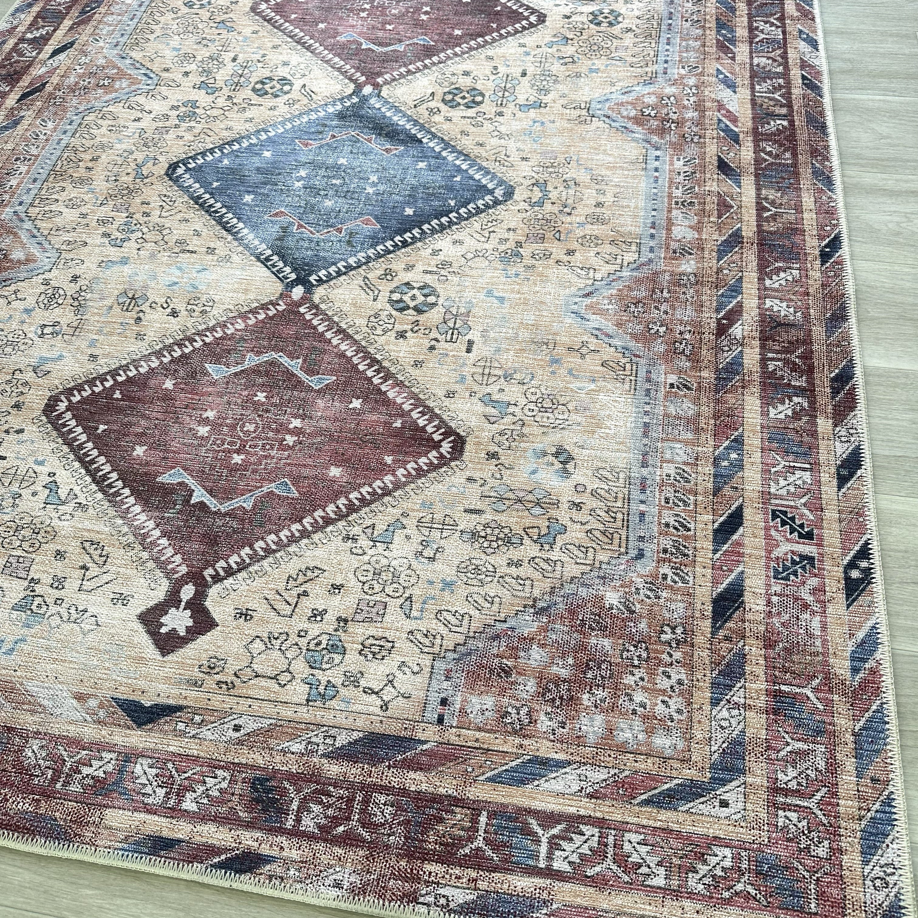 Azanna Terracotta Blue Beige Modern Turkish Rug