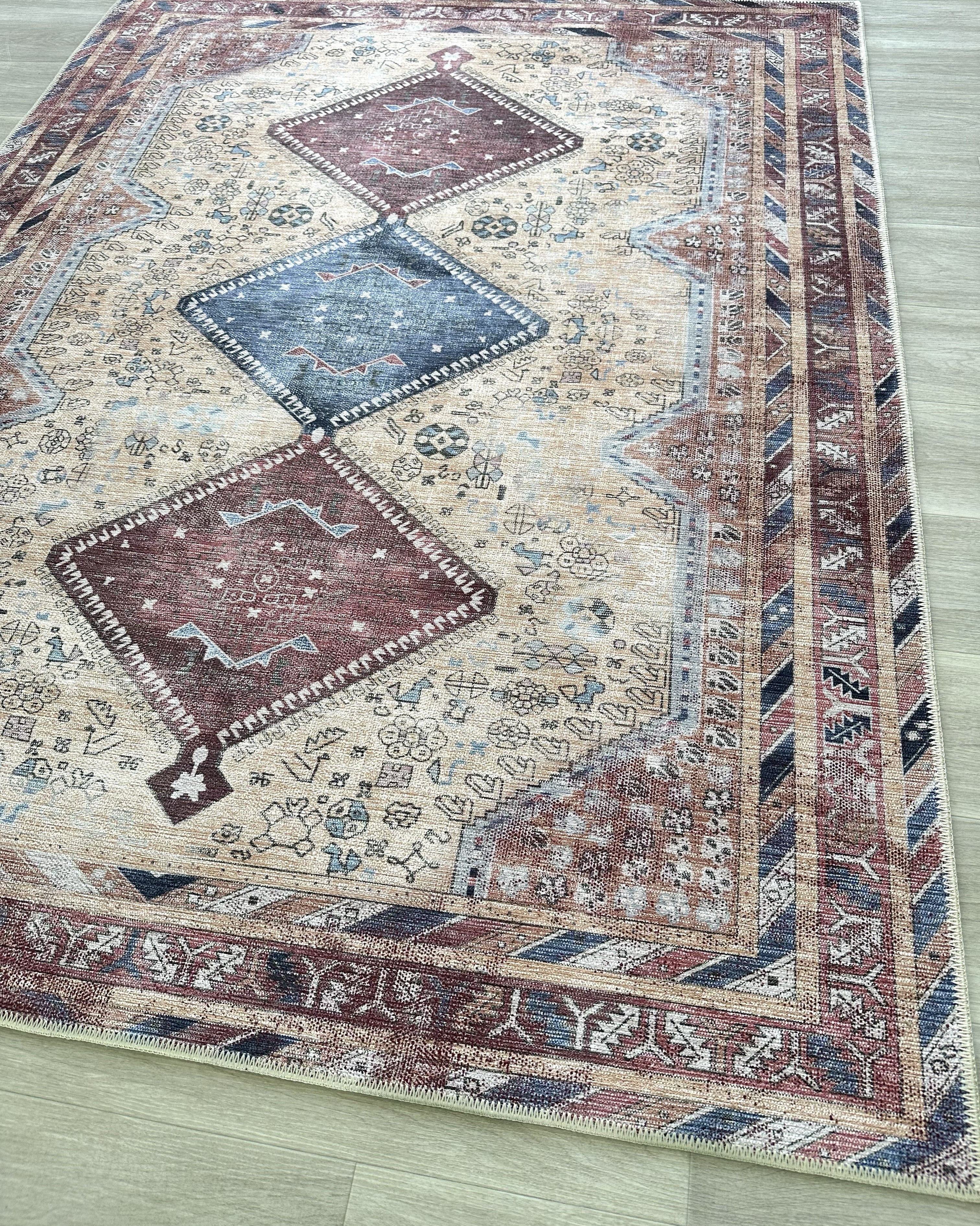 Azanna Terracotta Blue Beige Modern Turkish Rug