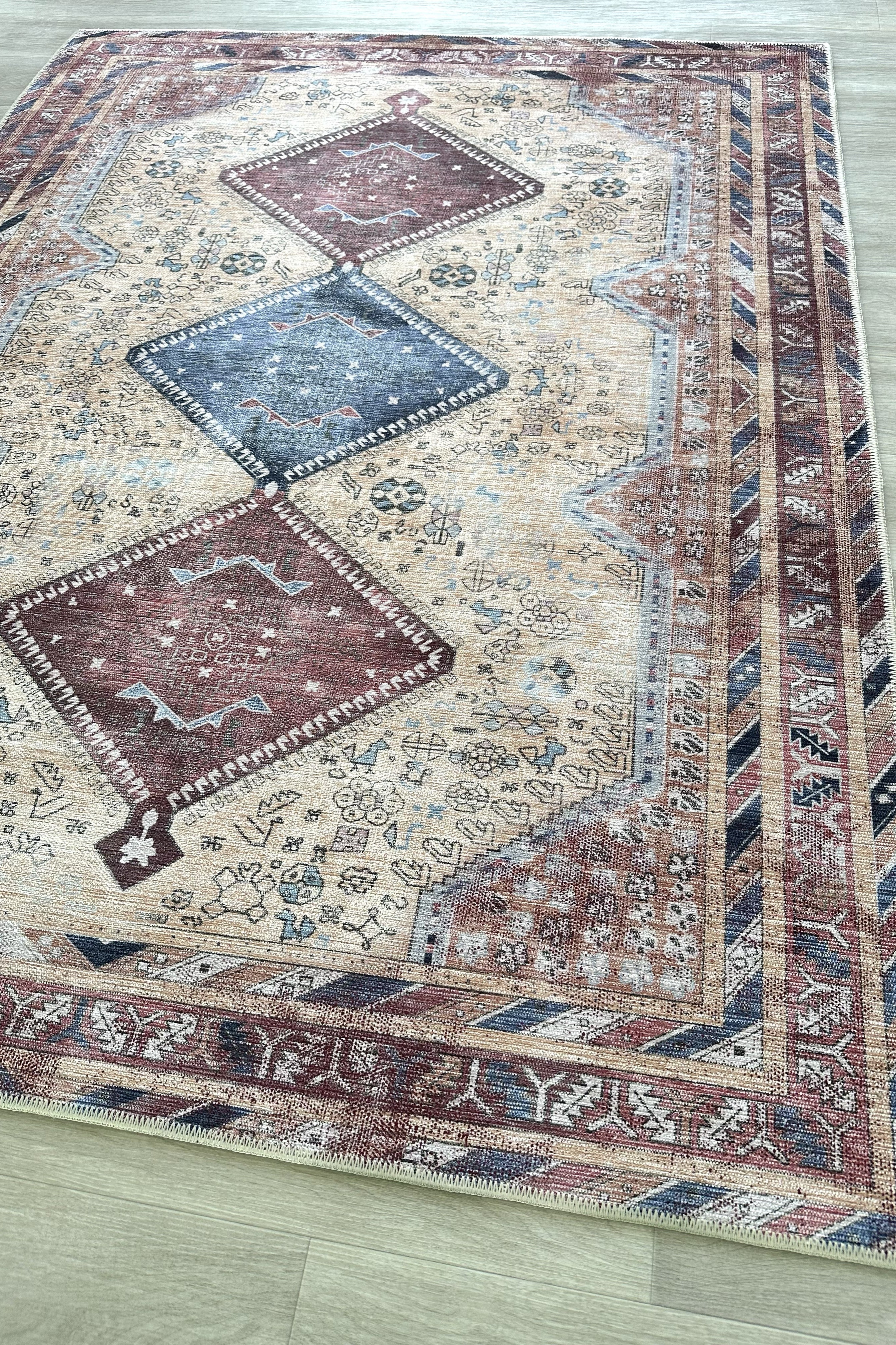 Azanna Terracotta Blue Beige Modern Turkish Rug