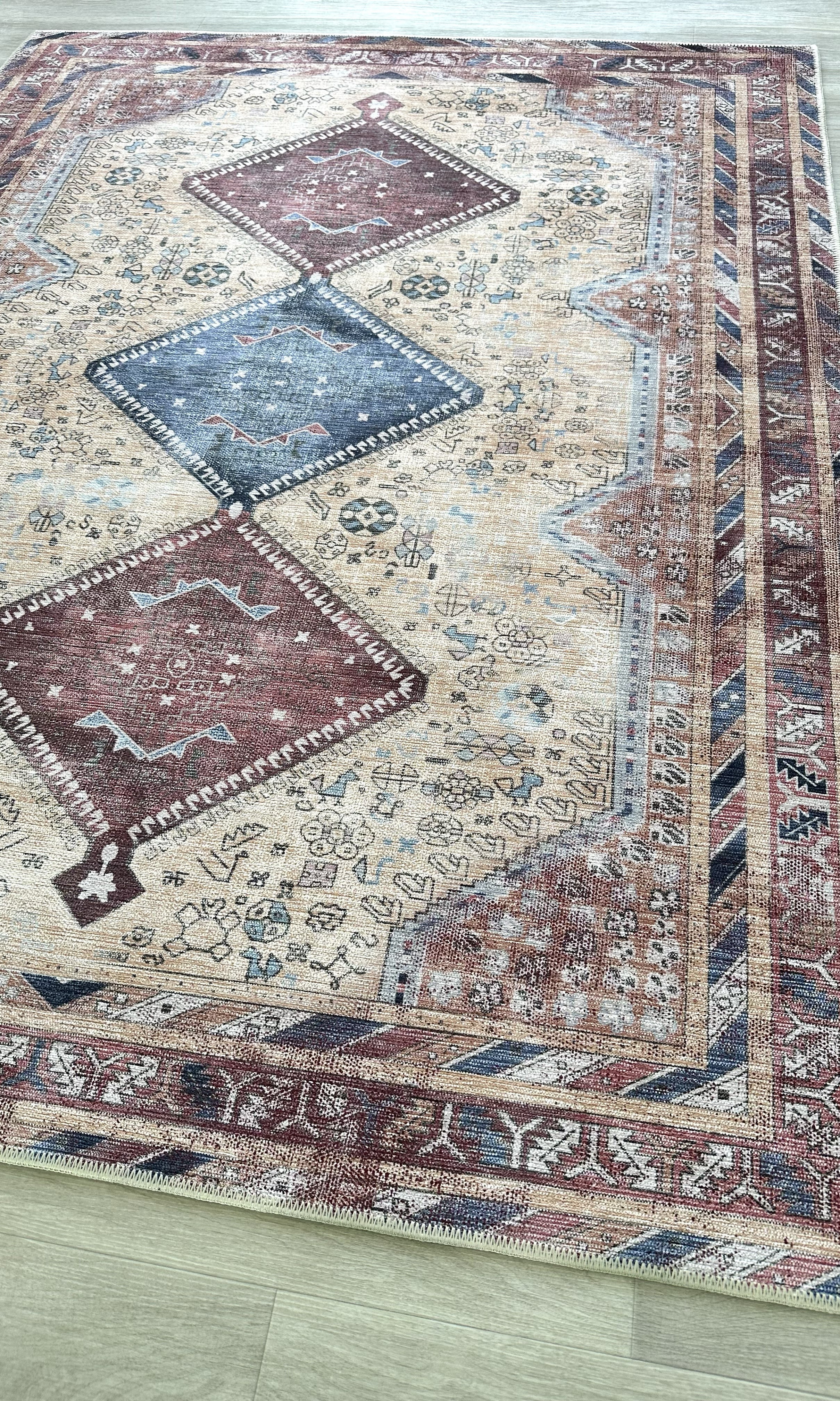 Azanna Terracotta Blue Beige Modern Turkish Rug