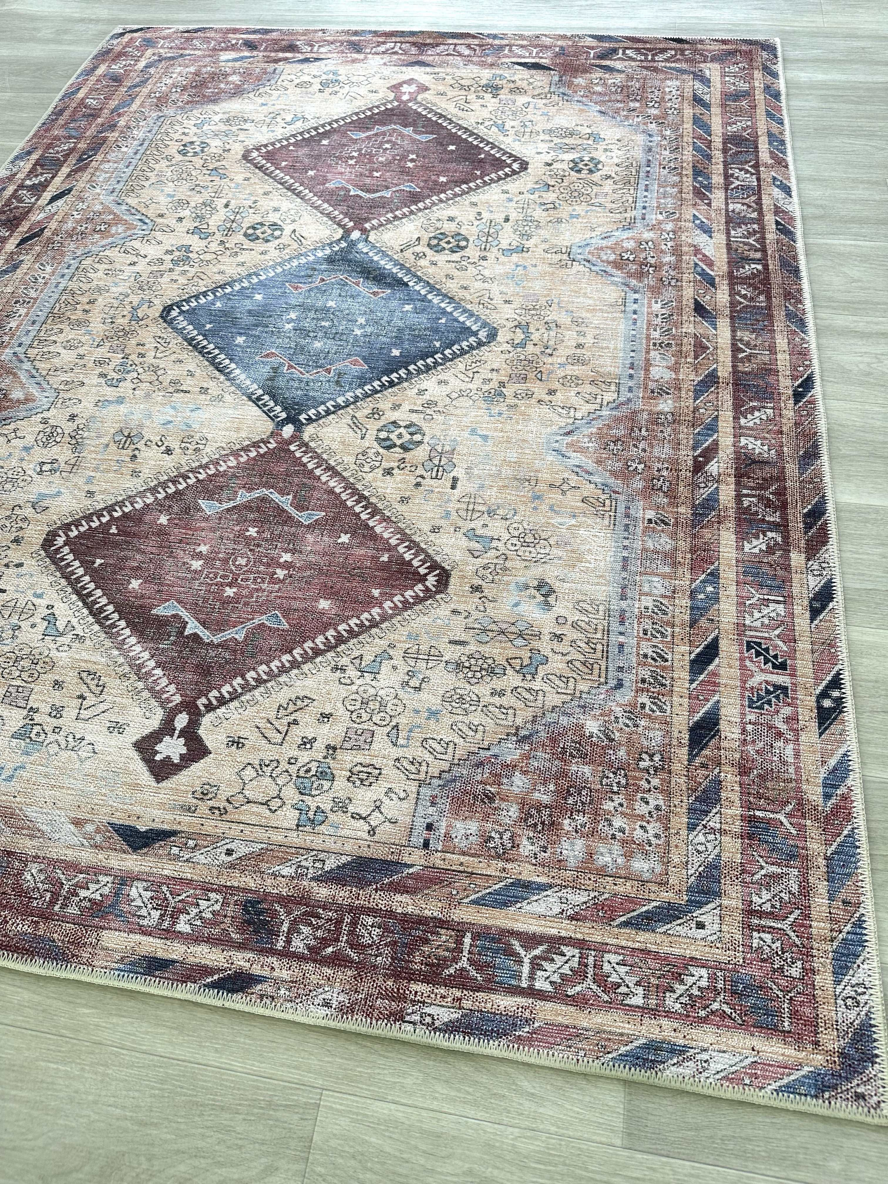 Azanna Terracotta Blue Beige Modern Turkish Rug