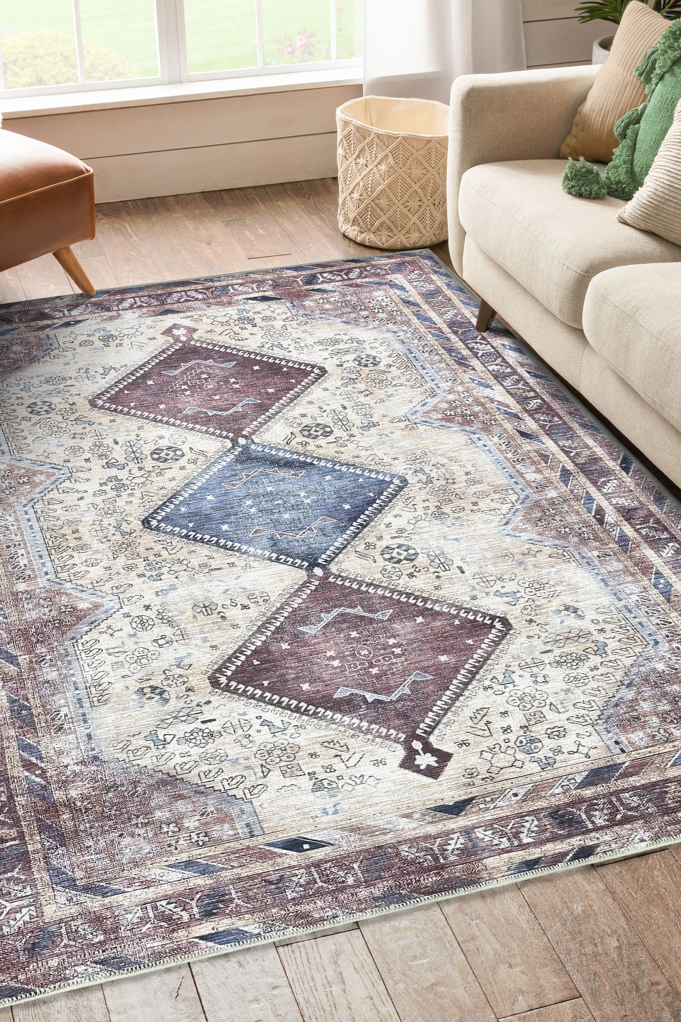 Azanna Terracotta Blue Beige Modern Turkish Rug