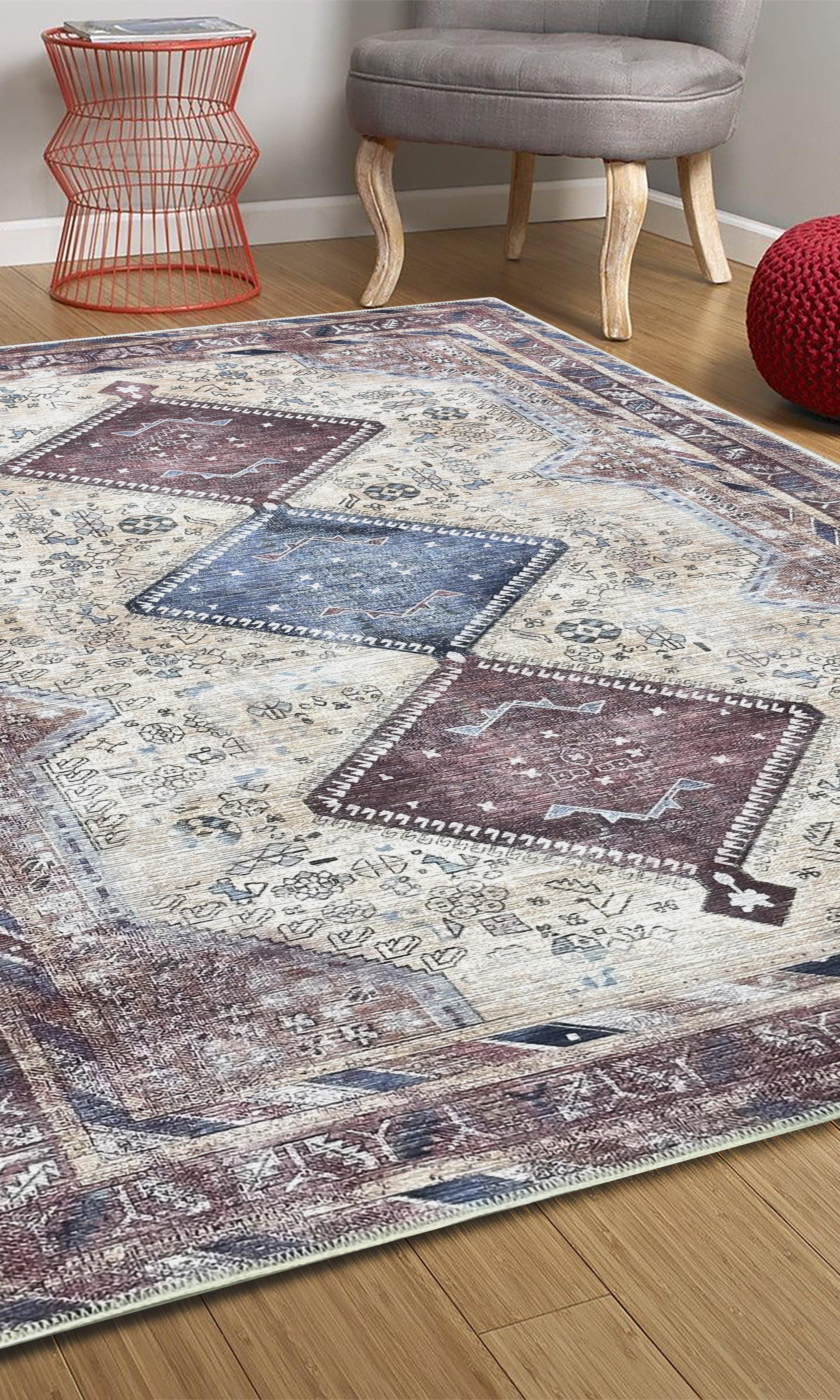 Azanna Terracotta Blue Beige Modern Turkish Rug